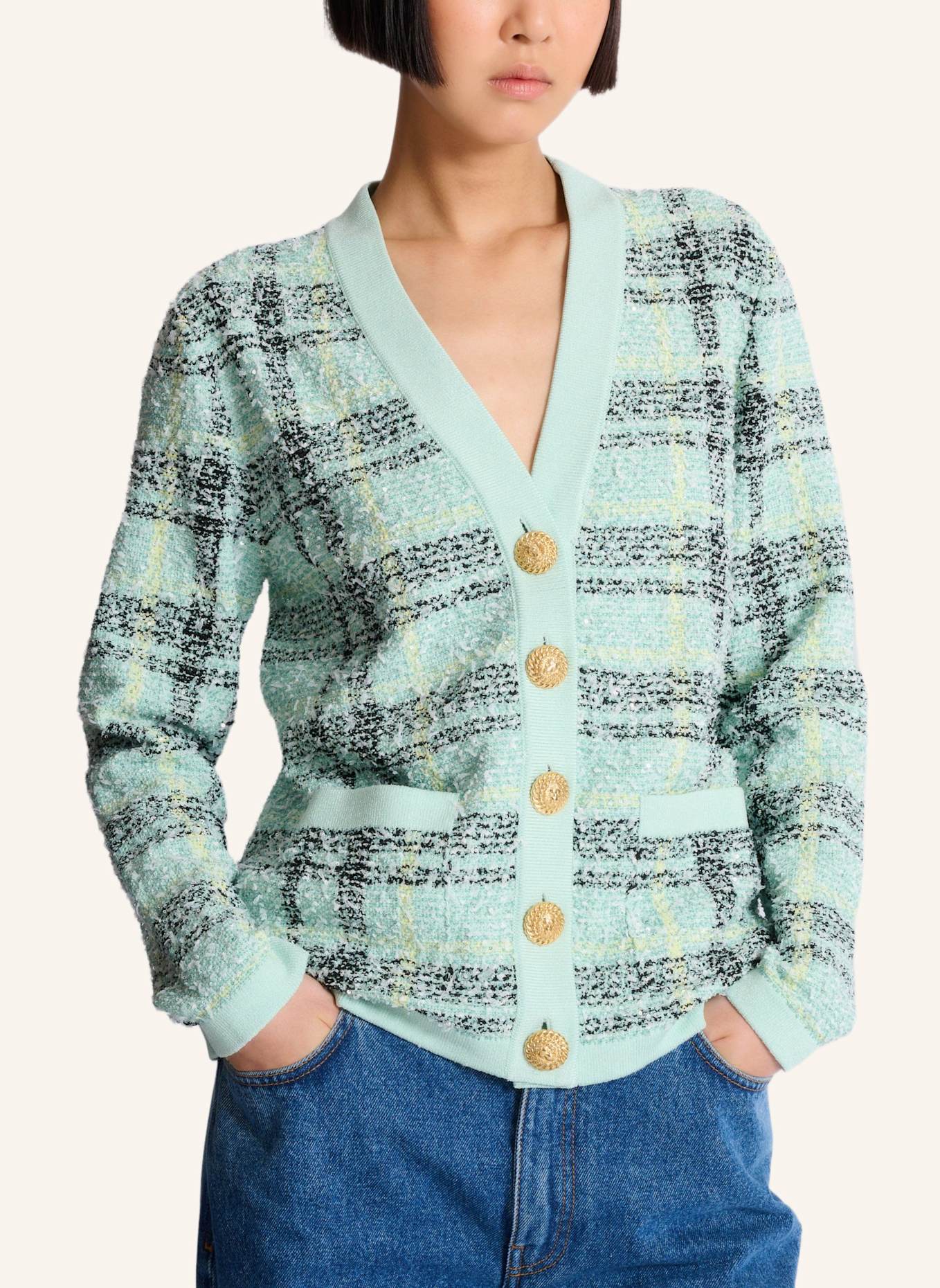 BALMAIN Lässiger Cardigan aus Tweed mit Pailletten: GRÜN