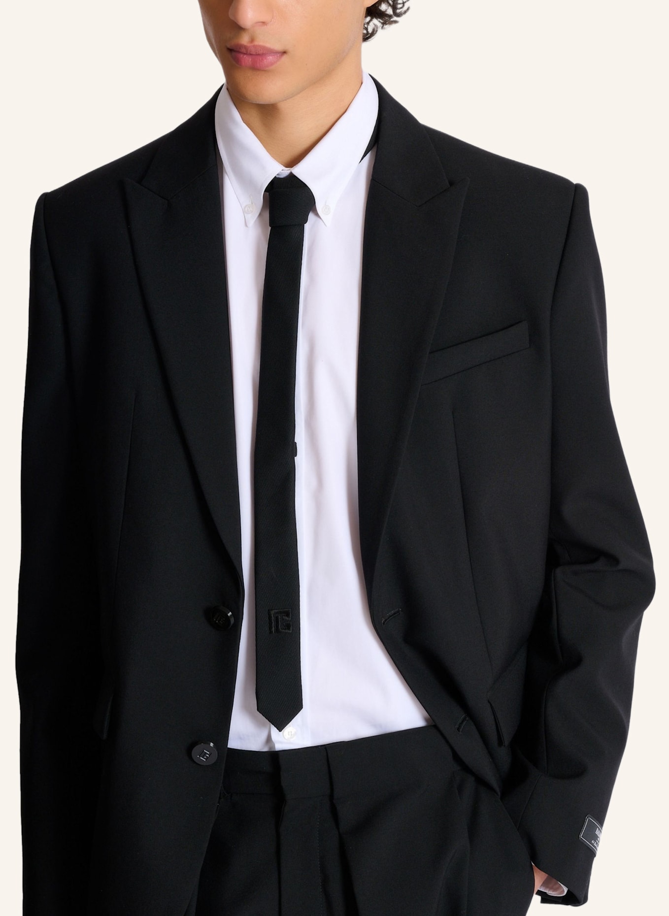 BALMAIN Schmale Wollkrawatte mit PB-Stickerei: SCHWARZ