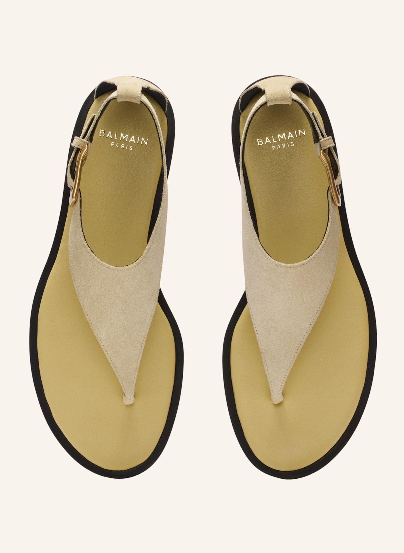 BALMAIN Flache Sandalen Anthem mit Zehensteg aus Wildleder: KHAKI
