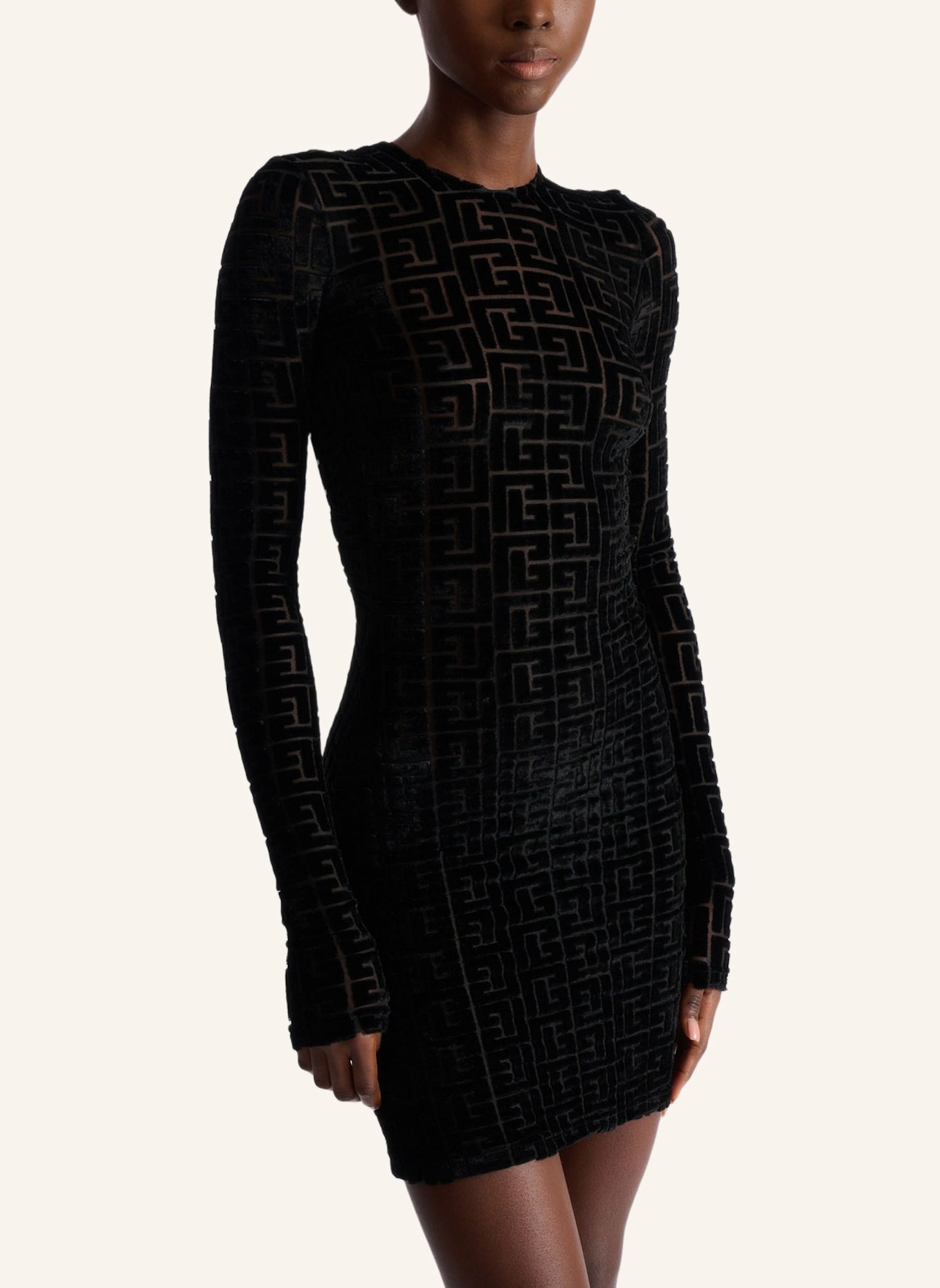 BALMAIN Kurzes Kleid mit Monogramm und Samteffekt: SCHWARZ