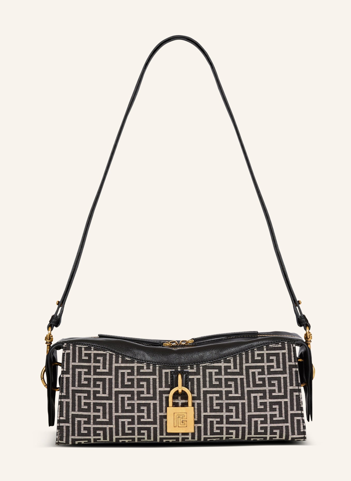 BALMAIN Schultertasche Pulse aus Monogramm-Jacquard und Kalbsleder: SCHWARZ