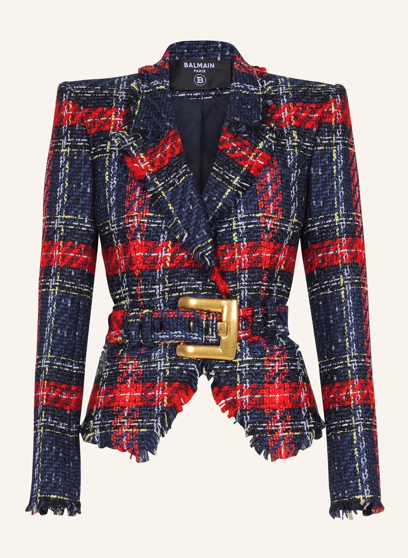 BALMAIN Jacke mit Gürtel aus Tweed mit Tartanmuster: ROT