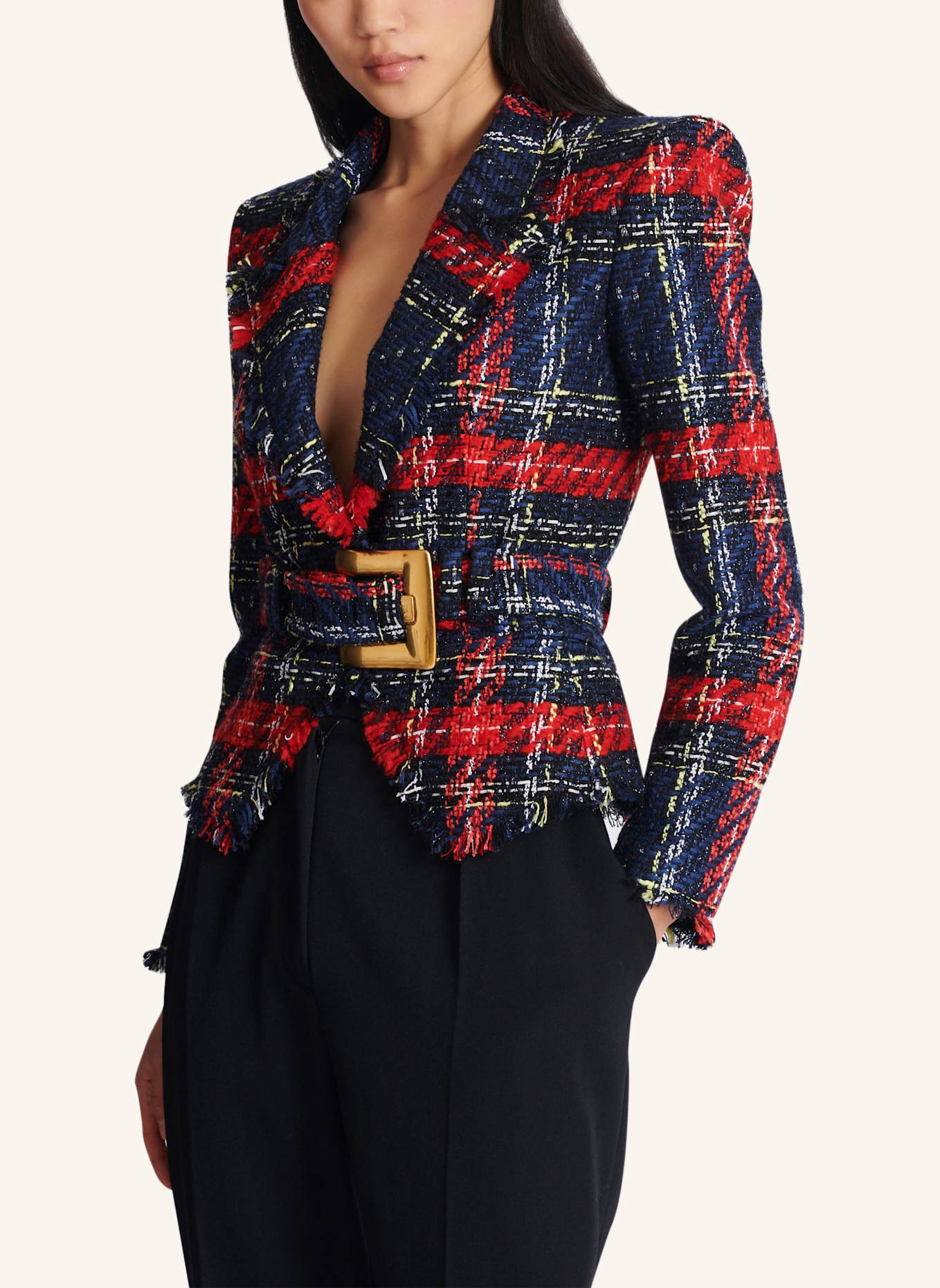 BALMAIN Jacke mit Gürtel aus Tweed mit Tartanmuster: ROT