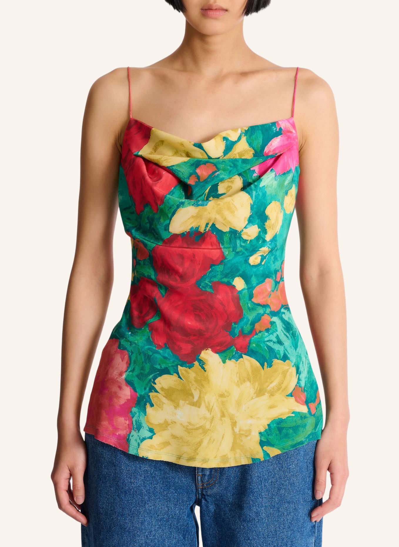 BALMAIN Top mit Spaghettiträgern und Print aus Crêpe-de-Chine: NUDE
