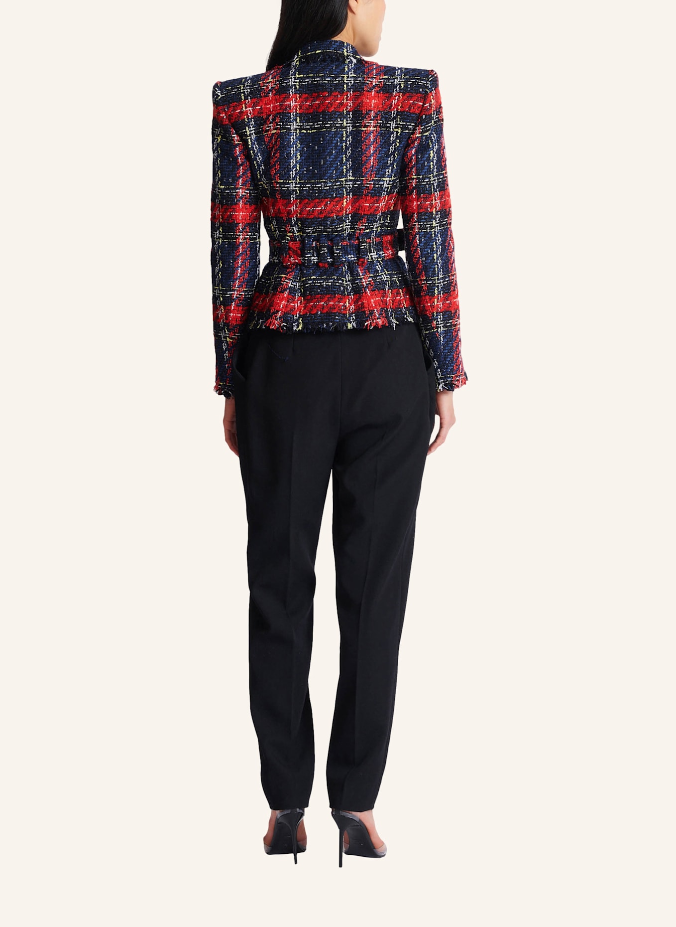 BALMAIN Jacke mit Gürtel aus Tweed mit Tartanmuster: ROT