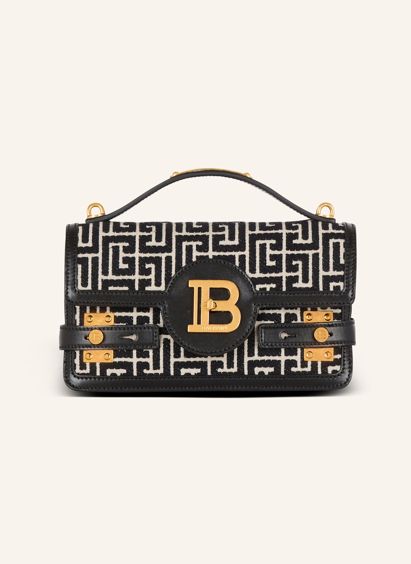 BALMAIN Tasche B-Buzz Shoulder 24 aus Jacquard-Canvas mit PB-Monogramm und Kalbsleder: SCHWARZ