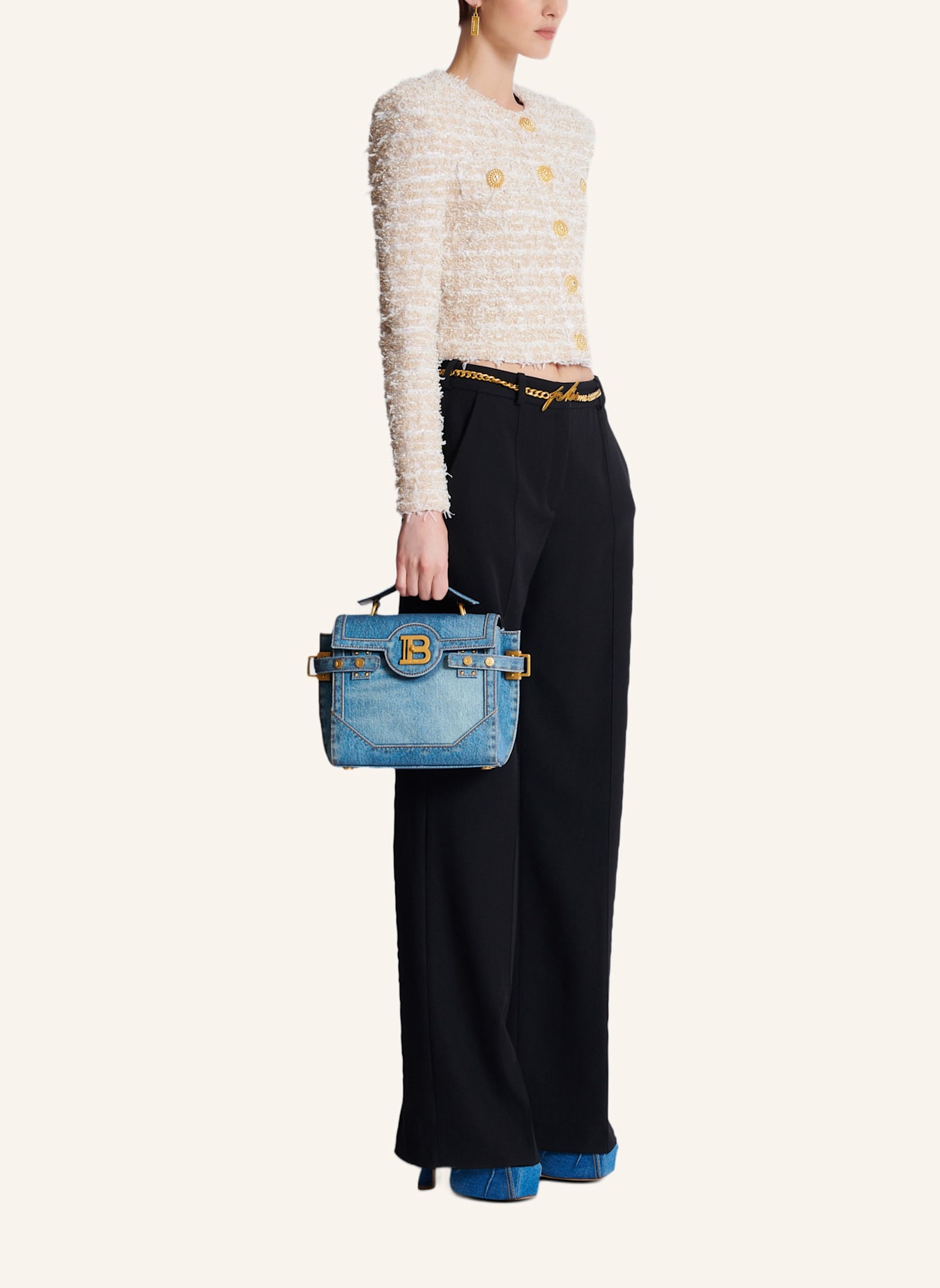 BALMAIN Tasche B-Buzz 23 aus Canvas mit Denim-Print: BLAU