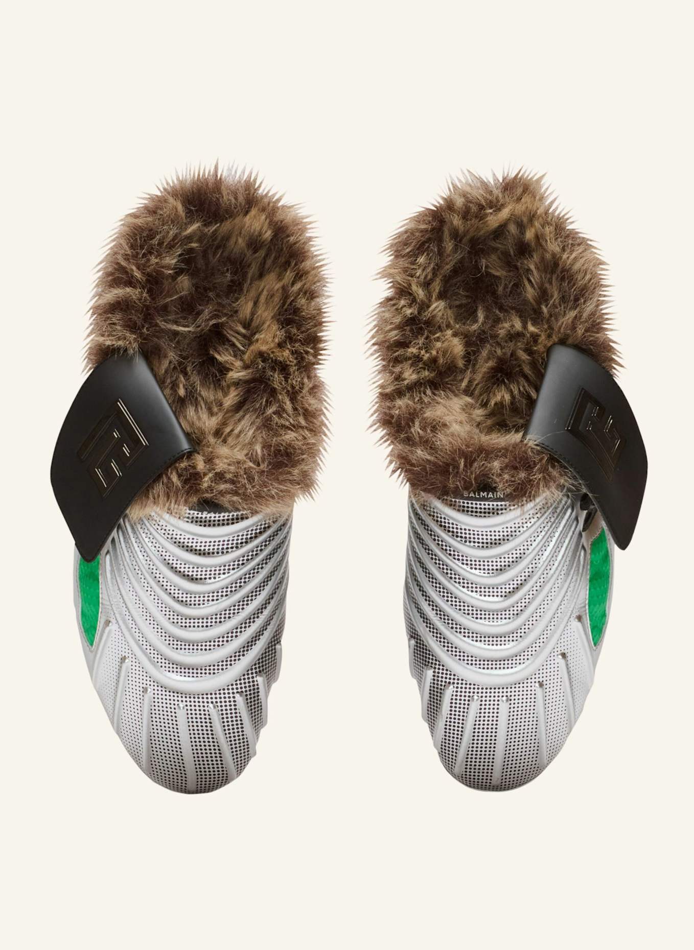 BALMAIN Pelzgefütterte Pantoletten Half Time aus technischen Materialien: GRÜN