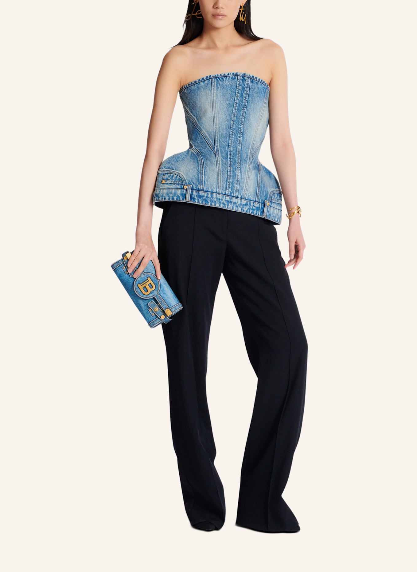 BALMAIN B-Buzz Pouch 23 aus Canvas mit Denim-Print: BLAU