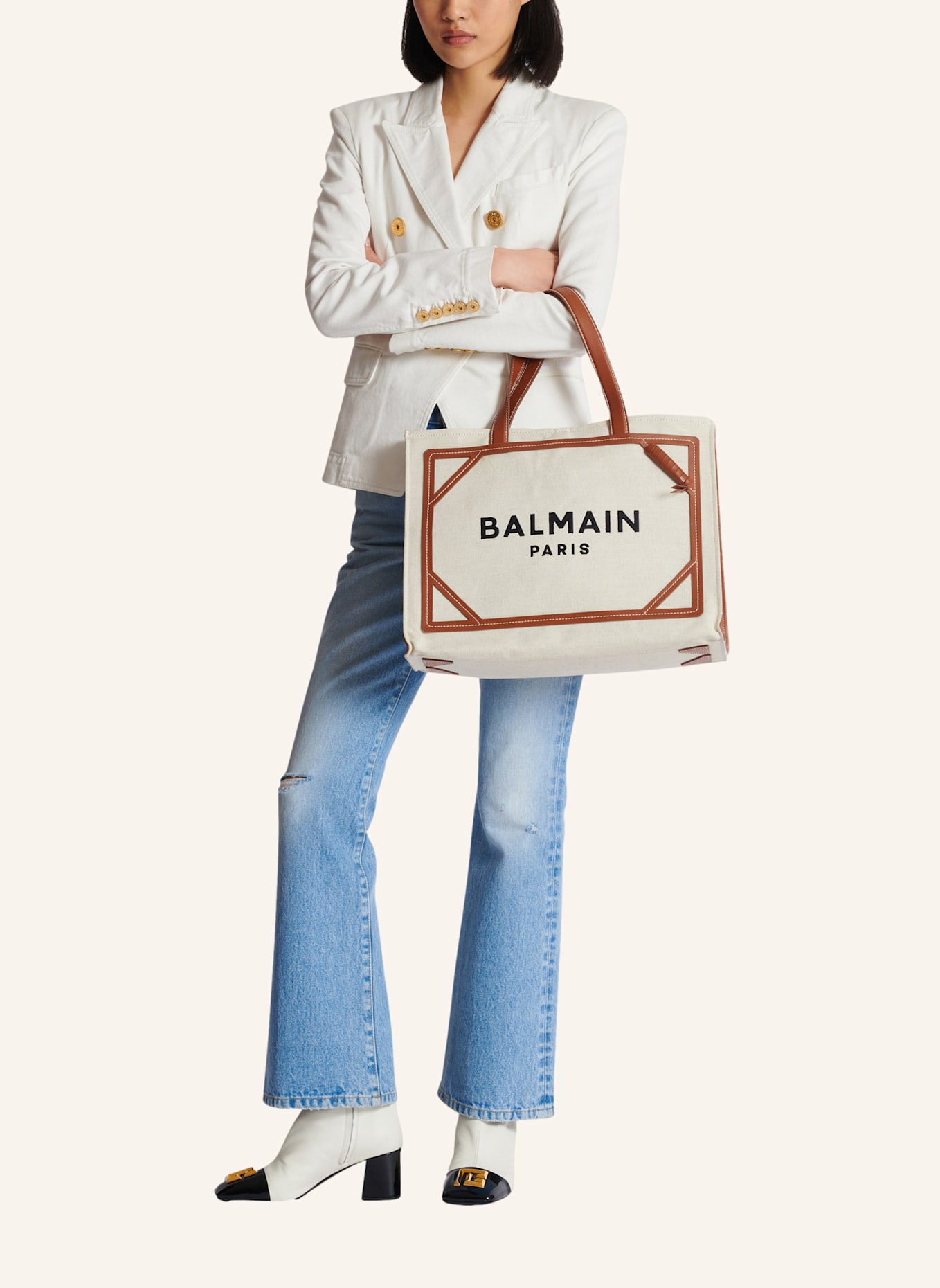 BALMAIN Shopper B-Army 42 aus Canvas mit Lederdetails: KHAKI