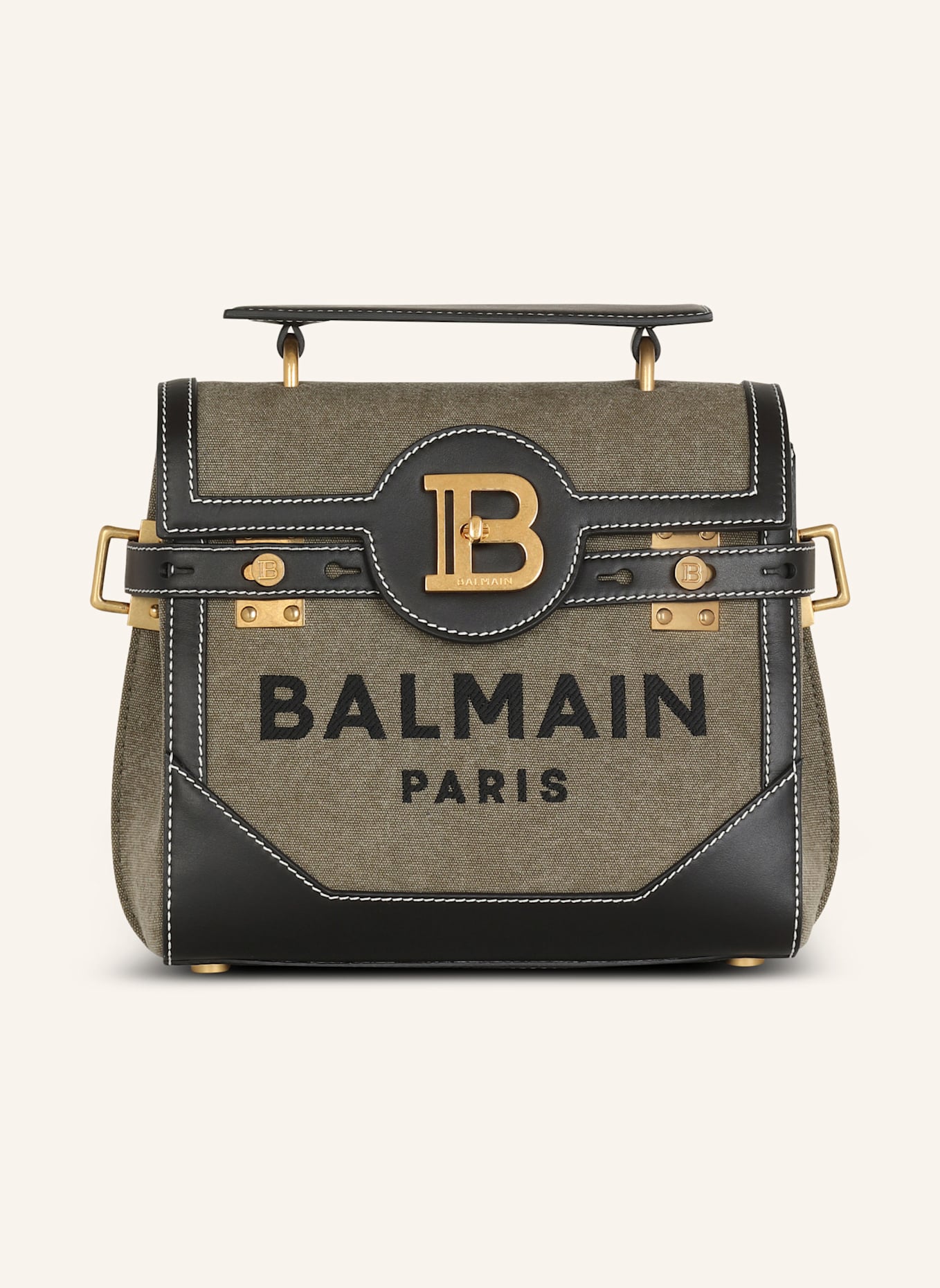 BALMAIN B-Buzz 23 Tasche aus khakifarbenem Canvas mit schwarzem Ledereinsatz: GRÜN