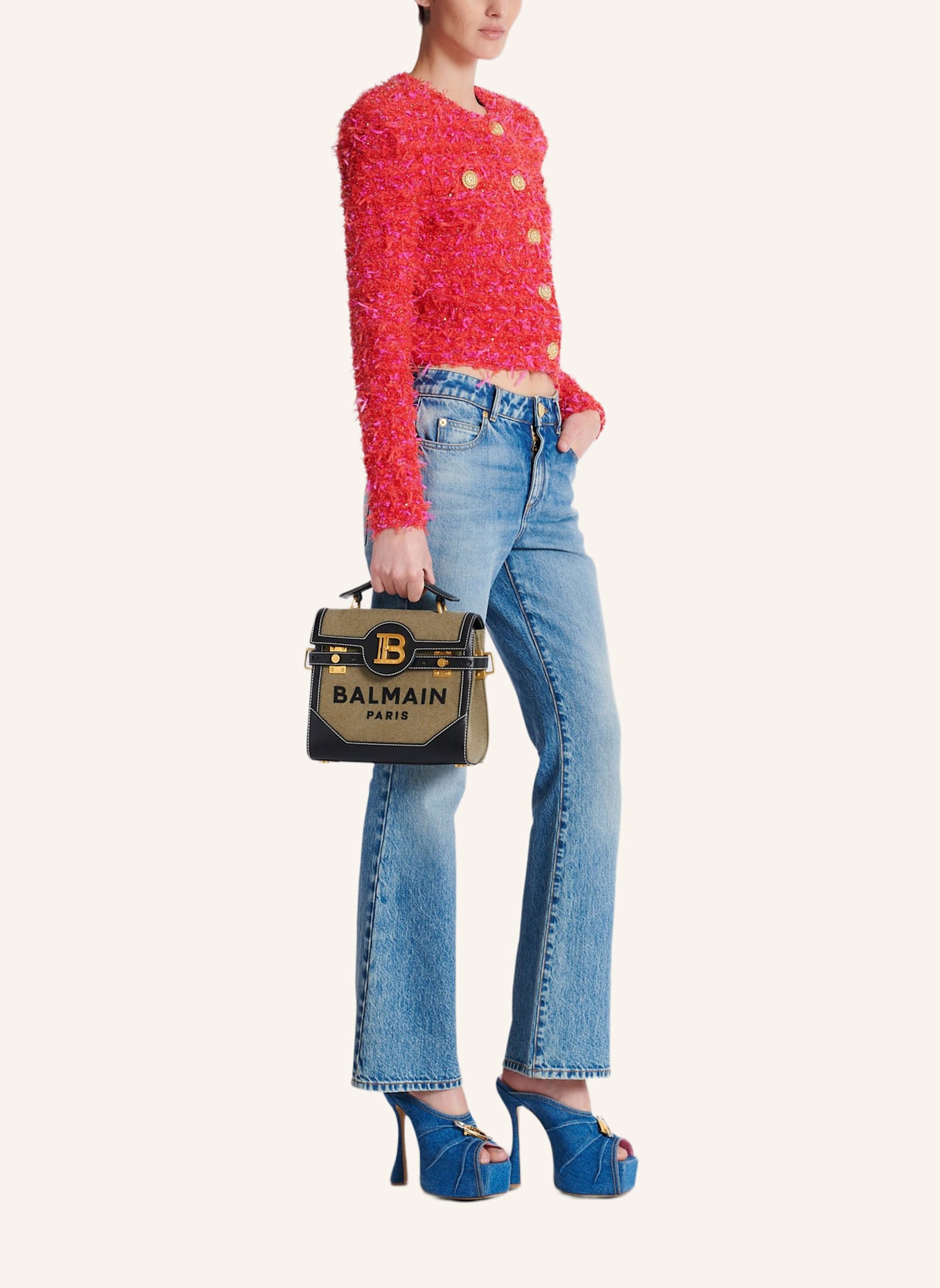 BALMAIN B-Buzz 23 Tasche aus khakifarbenem Canvas mit schwarzem Ledereinsatz: GRÜN