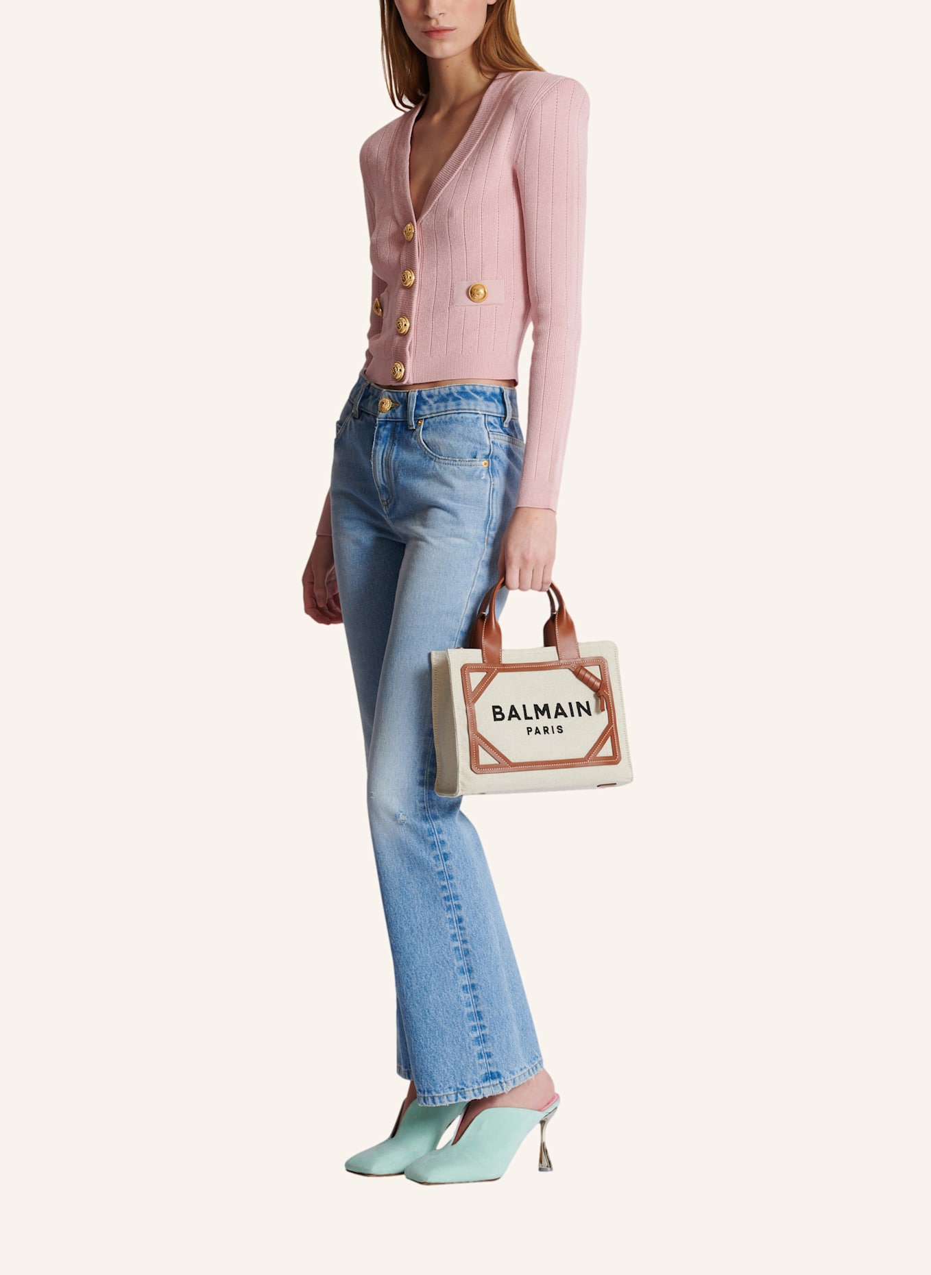 BALMAIN Kleiner Shopper B-Army aus Canvas mit Ledereinsätzen: KHAKI