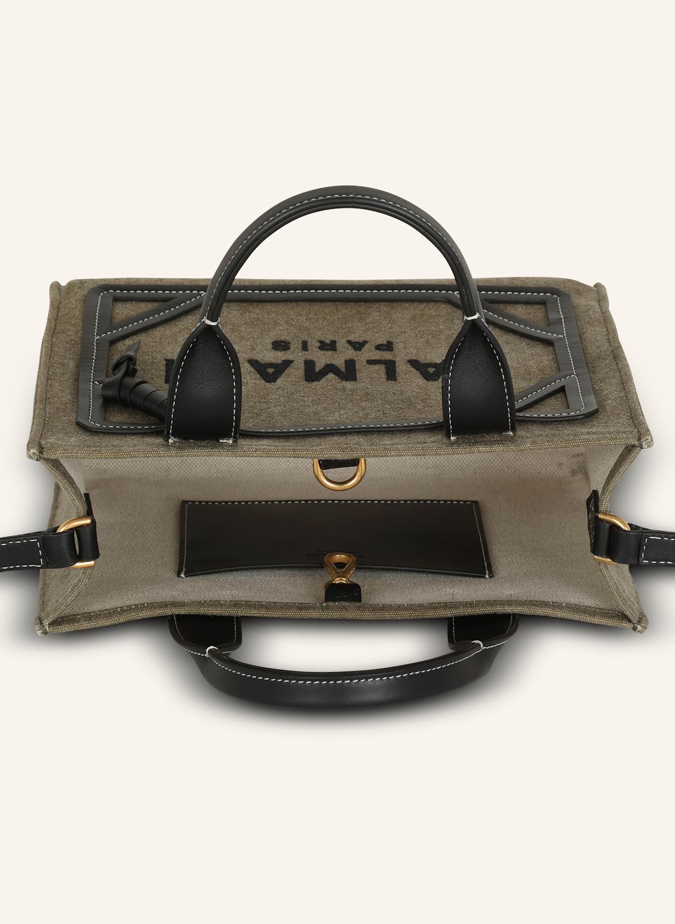 BALMAIN Kleiner Shopper B-Army aus Canvas mit Ledereinsätzen: GRÜN