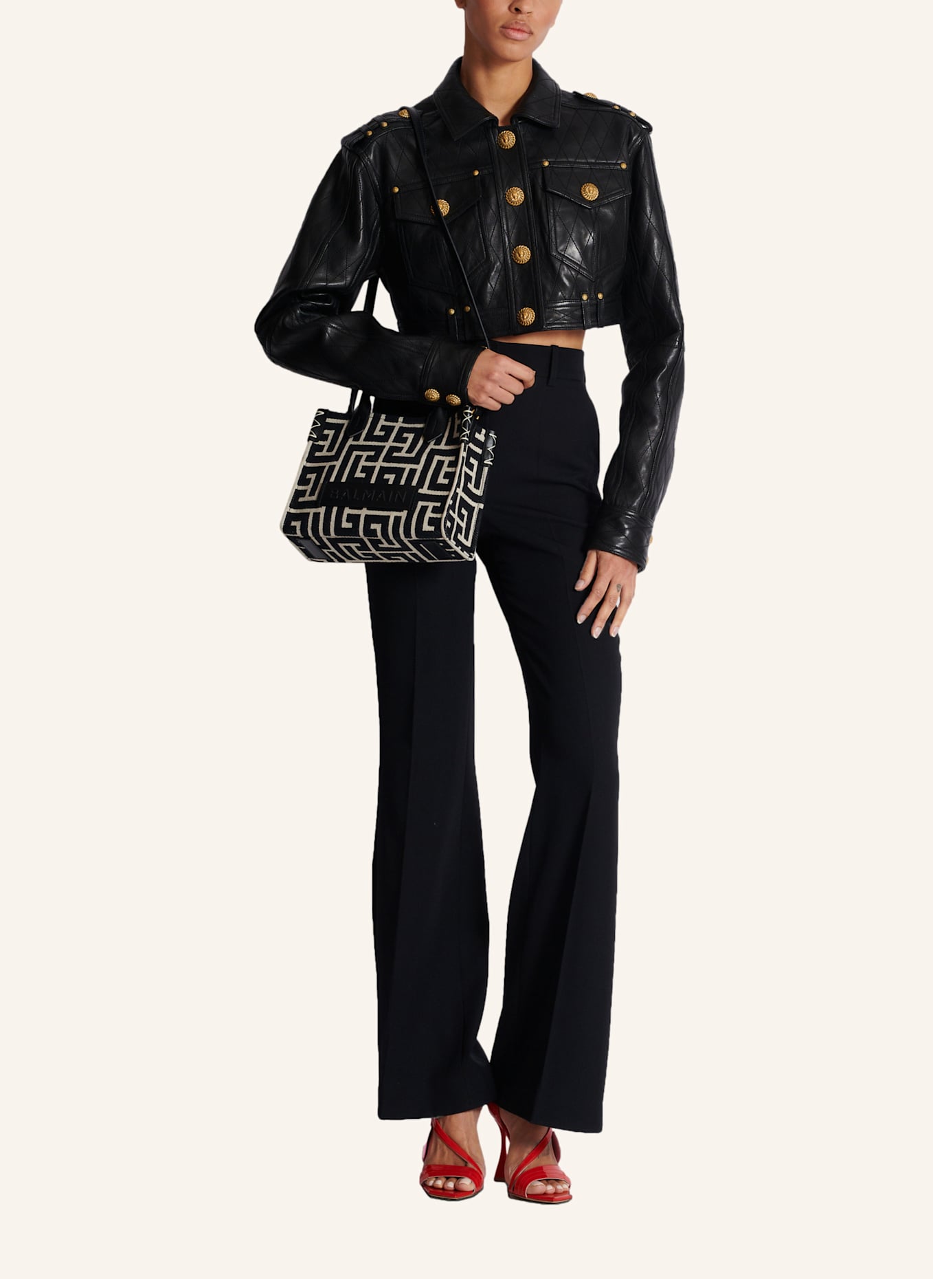 BALMAIN Shopper B-Army aus Monogramm-Jacquard und Leder: SCHWARZ