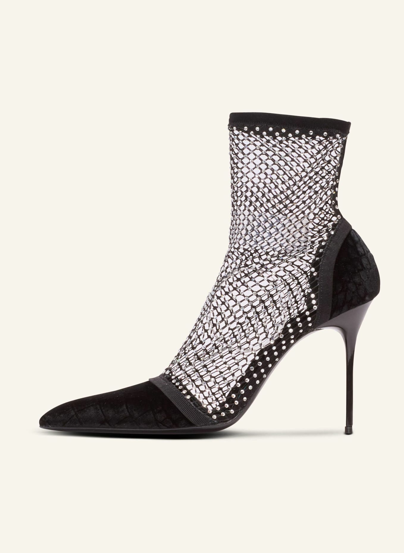 BALMAIN Netz-Stiefeletten mit Absatz, Velours und Strass: SCHWARZ