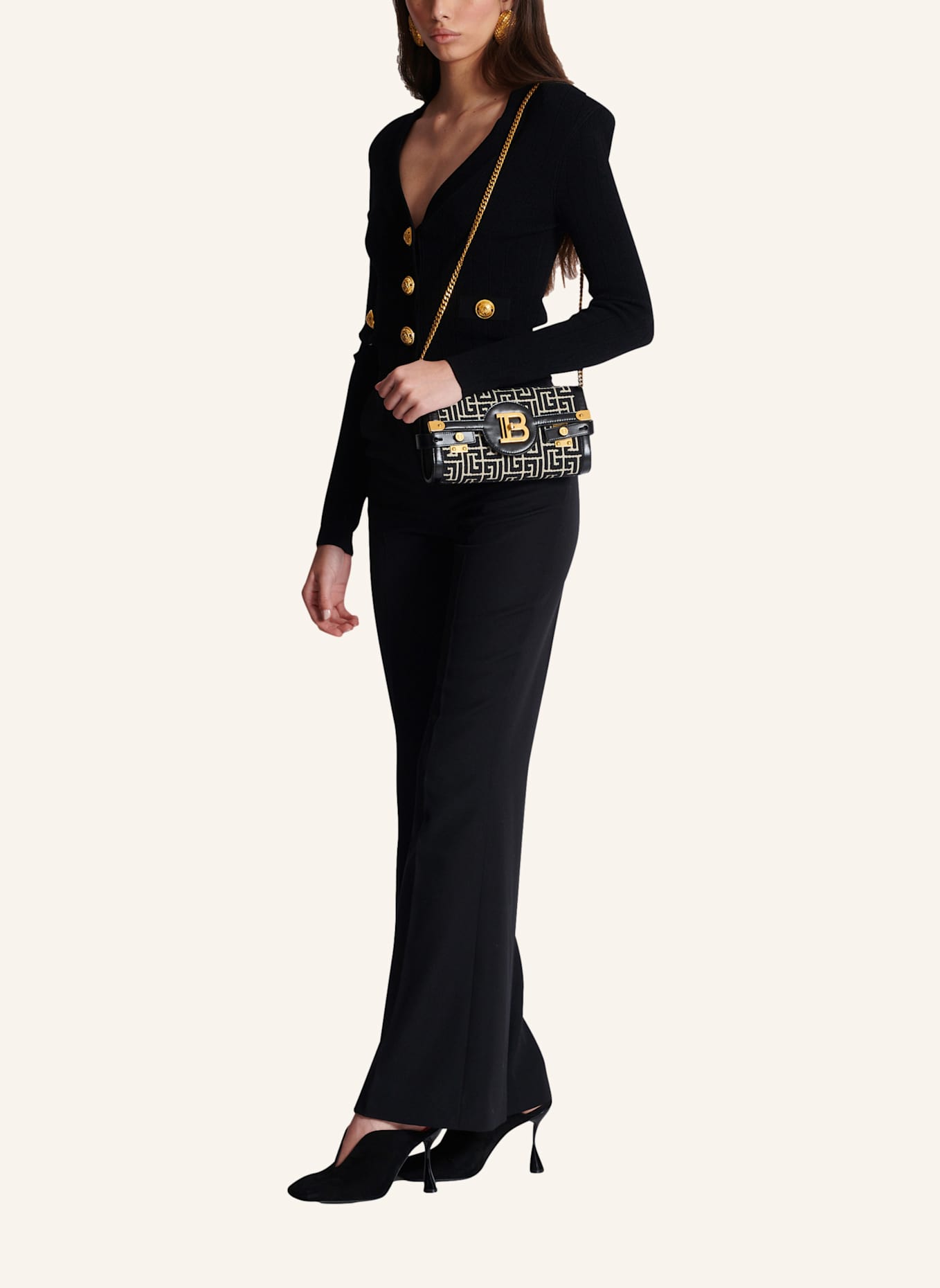 BALMAIN Pochette B-Buzz 23 aus Leder mit Jacquard-Monogramm: SCHWARZ