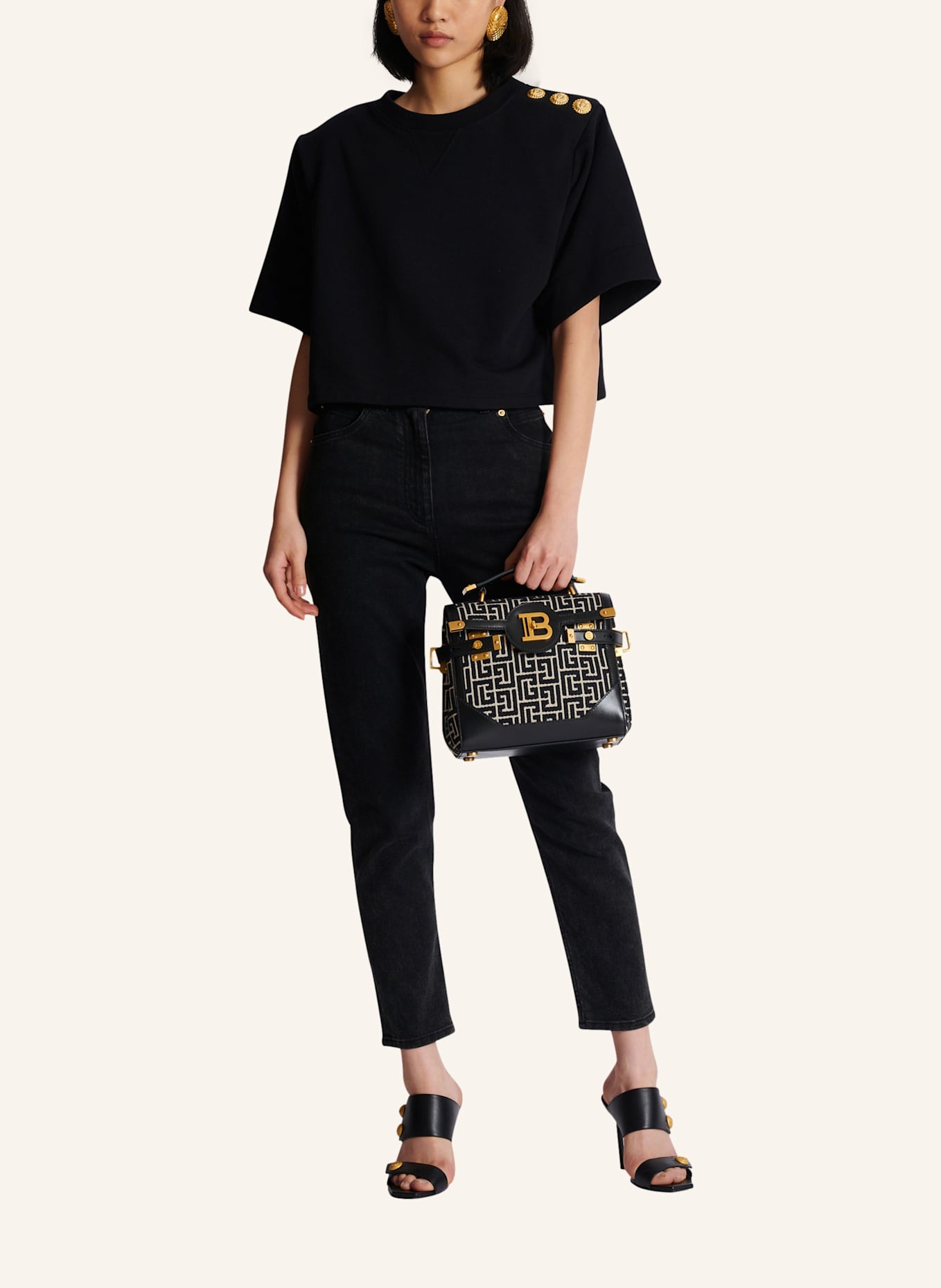 BALMAIN Zweifarbige B-Buzz 23 Tasche aus Jacquard mit Ledereinsatz: SCHWARZ