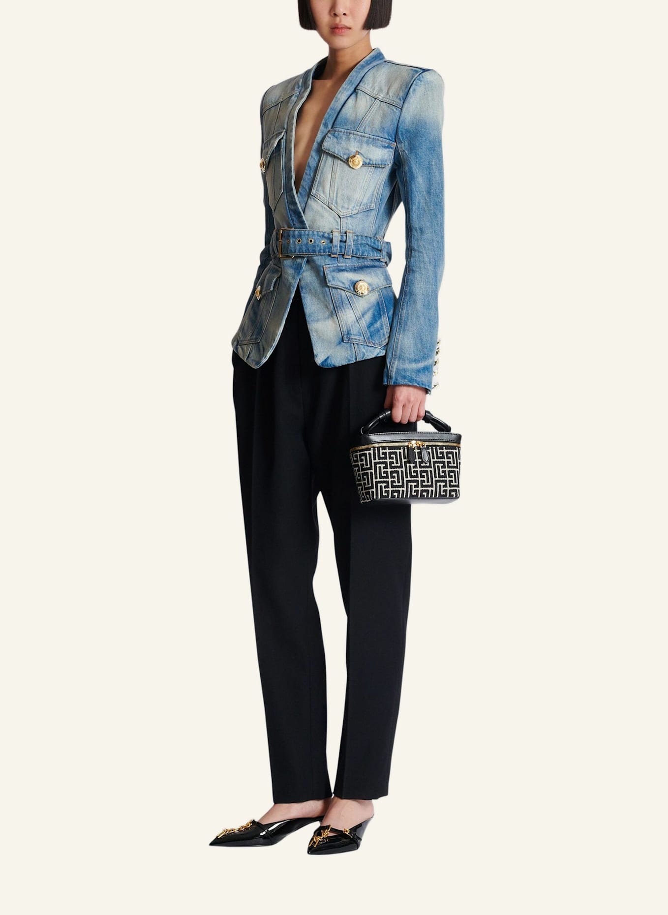 BALMAIN Beautycase B-Army aus Canvas mit Monogramm-Muster und Leder: SCHWARZ