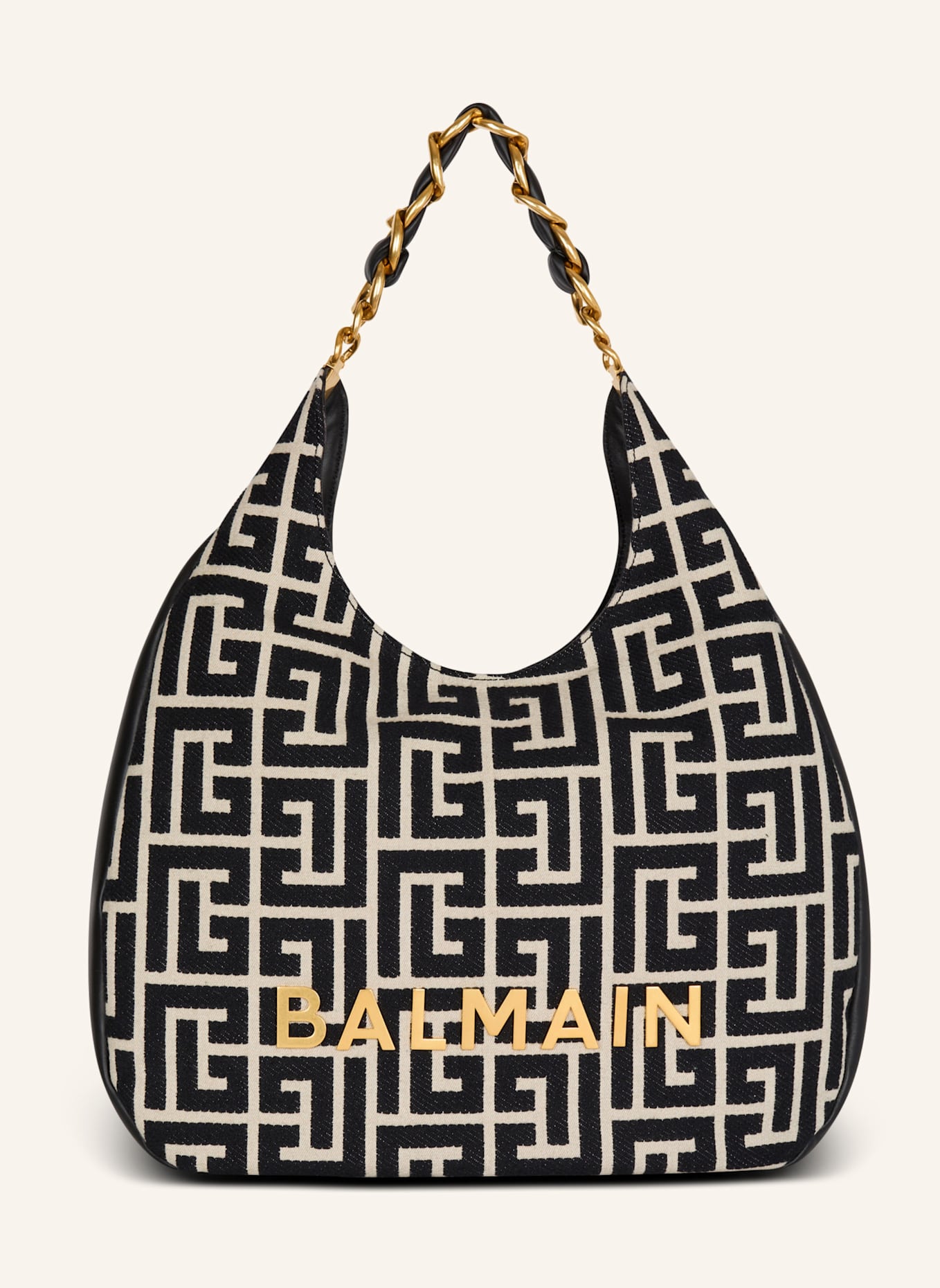 BALMAIN Große Hobo Bag 1945 Soft aus Jacquard mit Monogramm PB Labyrinthe: SCHWARZ