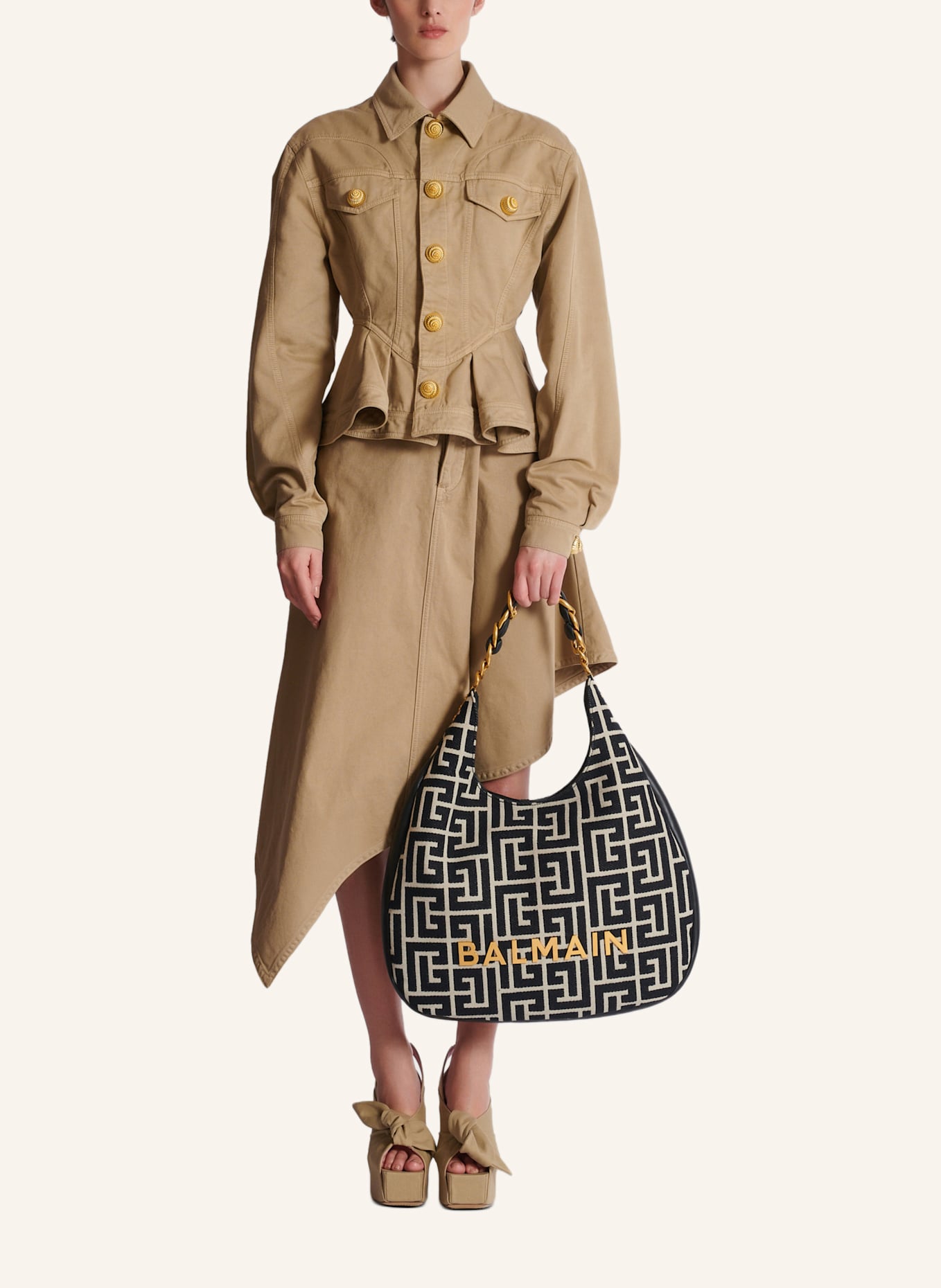 BALMAIN Große Hobo Bag 1945 Soft aus Jacquard mit Monogramm PB Labyrinthe: SCHWARZ