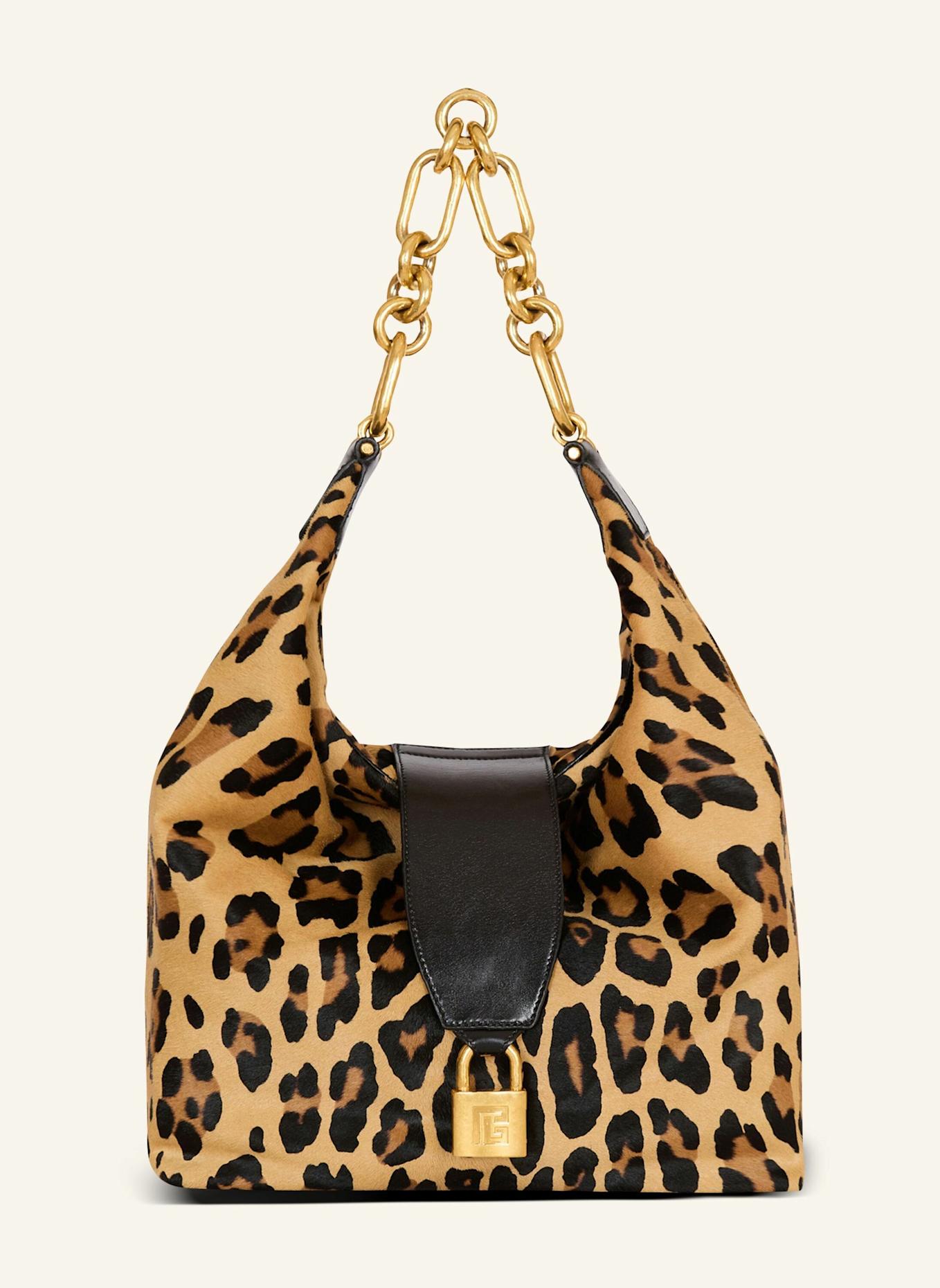 BALMAIN Sync Hobo Bag aus Leder mit Leoparden-Print: BRAUN