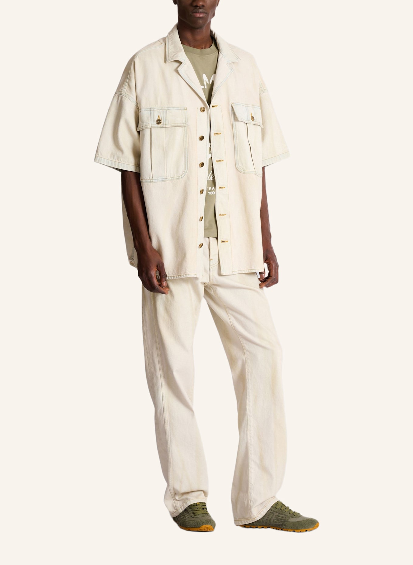 BALMAIN Overshirt aus verwaschenem Denim: KHAKI