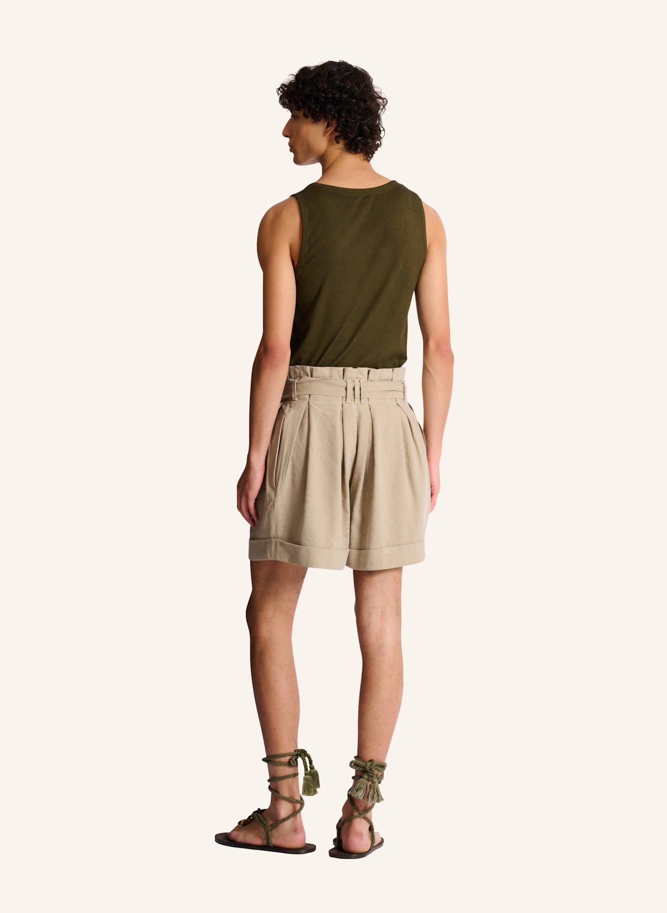 BALMAIN Bermuda mit T-Bar-Gürtel aus Baumwolle und Leinen: KHAKI