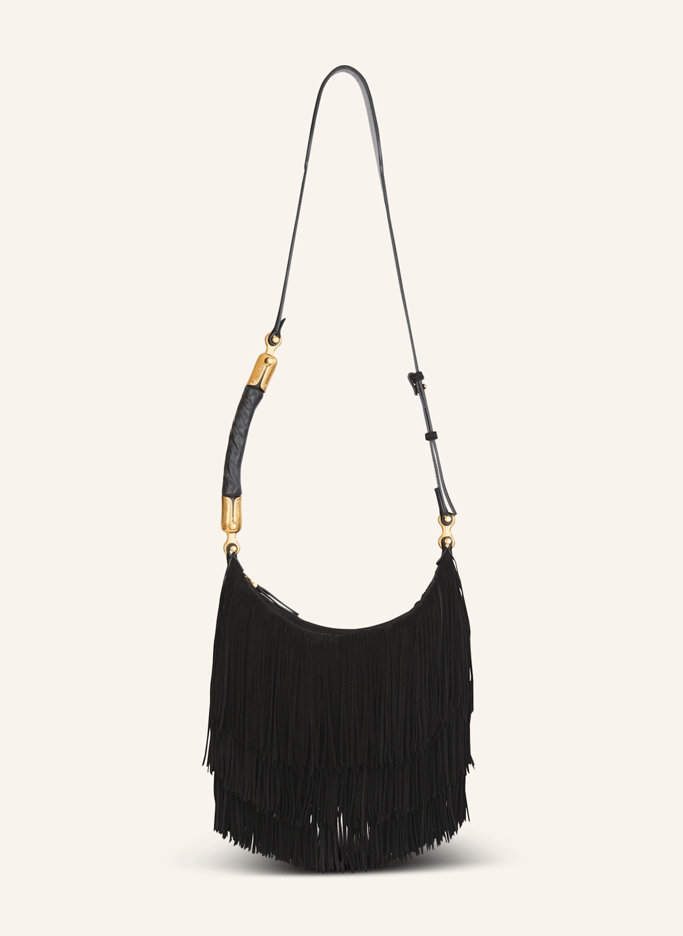 BALMAIN Hobo Bag Ebene aus Wildleder mit Fransen: SCHWARZ