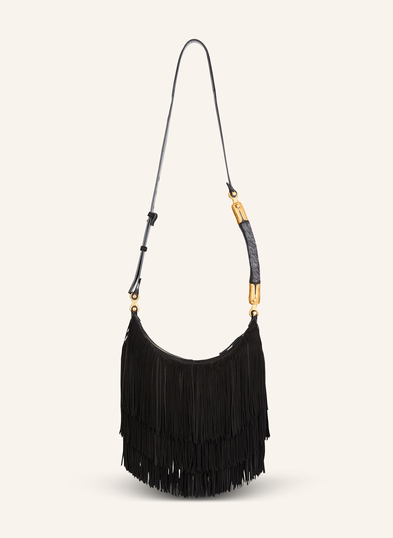 BALMAIN Hobo Bag Ebene aus Wildleder mit Fransen: SCHWARZ