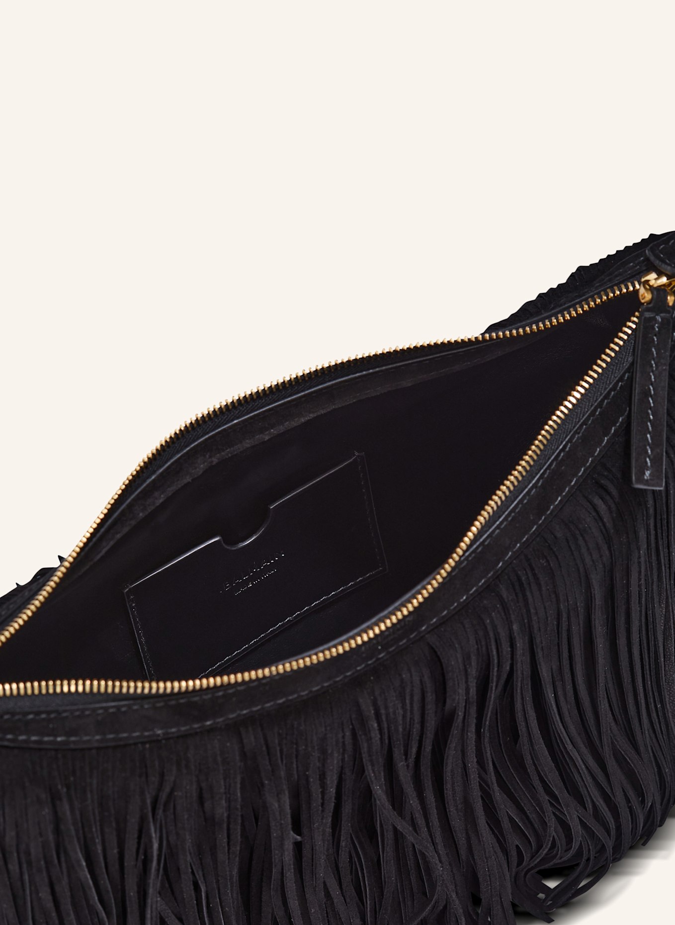 BALMAIN Hobo Bag Ebene aus Wildleder mit Fransen: SCHWARZ