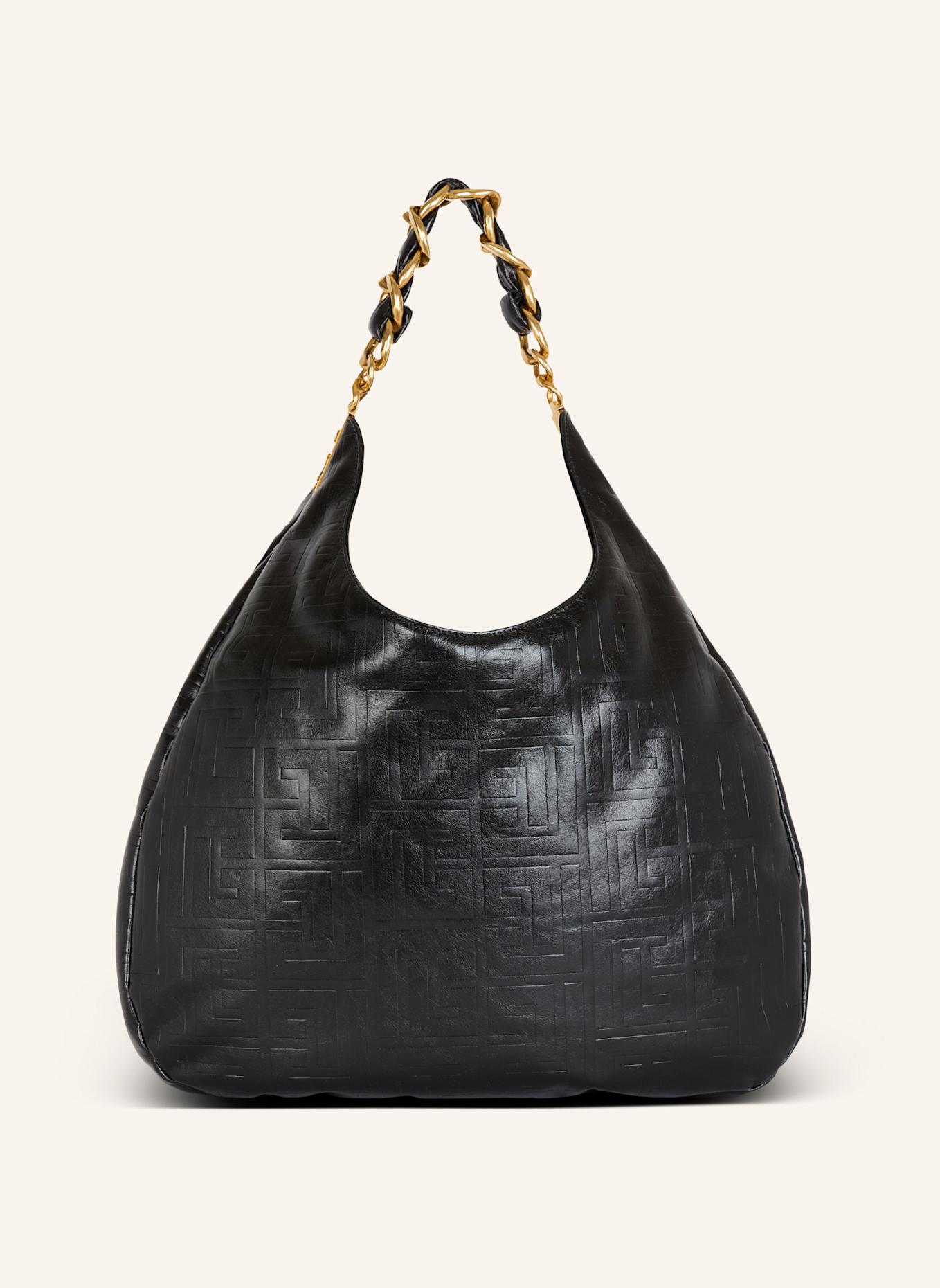 BALMAIN Große Tasche 1945 Soft Hobo aus geknittertem Kalbsleder mit PB Labyrinthe-Monogramm-Prägung: SCHWARZ