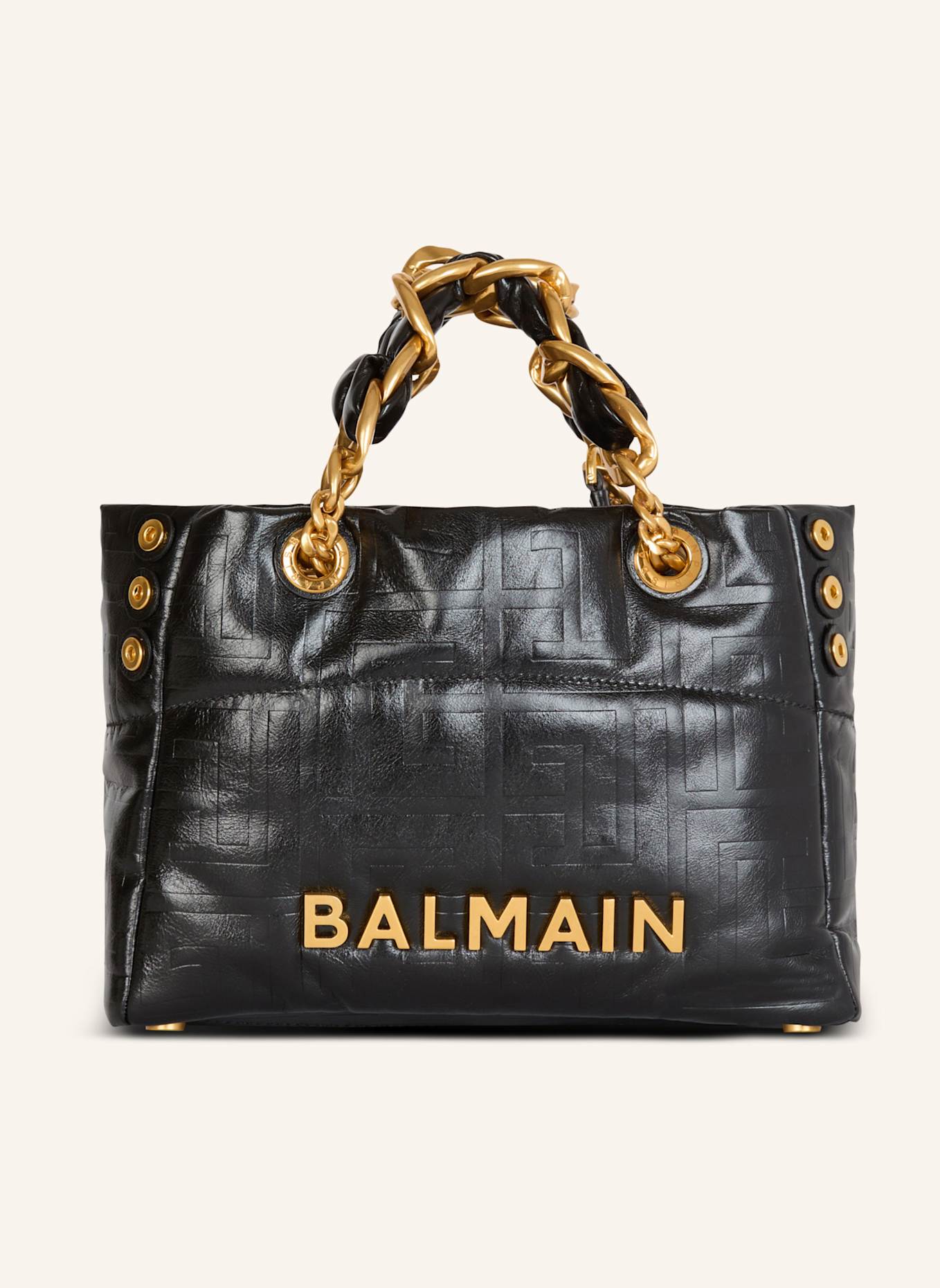 BALMAIN Kleiner Shopper 1945 Soft aus rissigem Kalbsleder mit PB Labyrinthe-Monogramm-Prägung: SCHWARZ