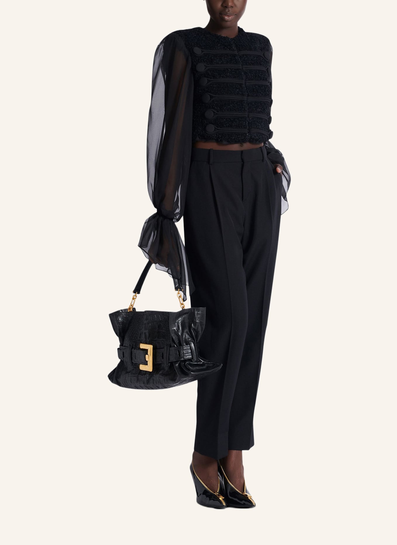 BALMAIN Mittelgroße Tasche Anthem aus Kalbsleder mit Kroko-Prägung: SCHWARZ