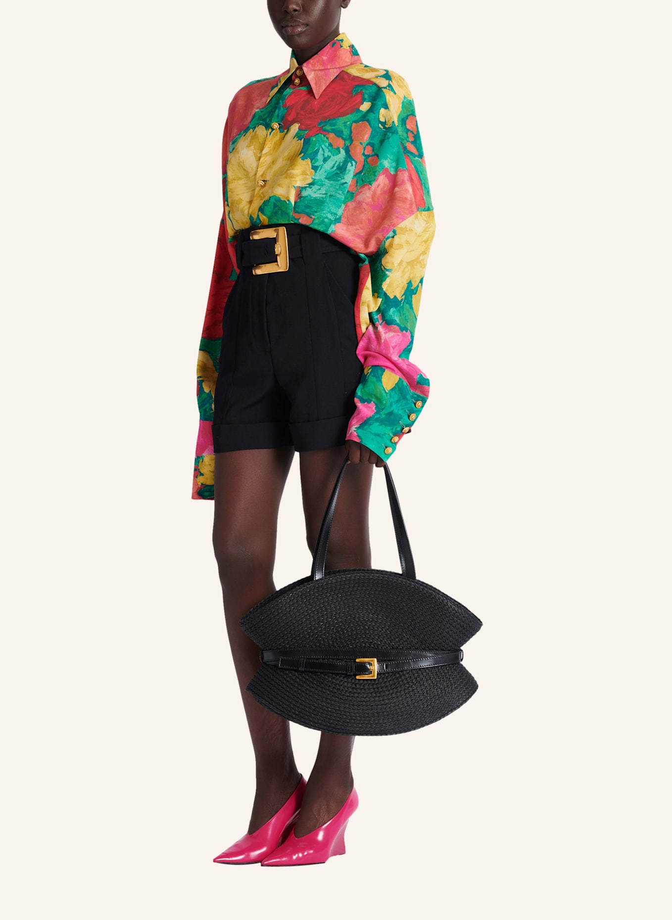 BALMAIN Mittelgroße Tasche Shuffle aus Bast und Kalbsleder: SCHWARZ