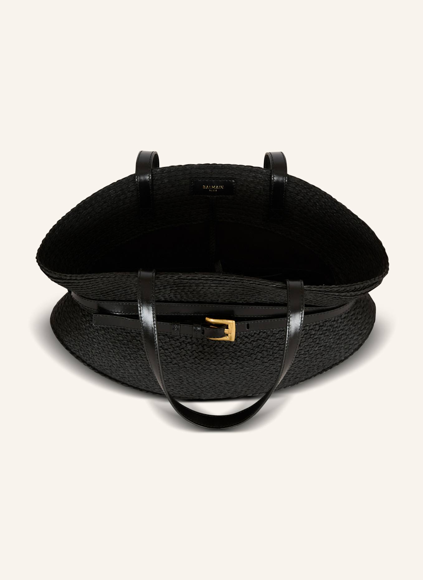 BALMAIN Mittelgroße Tasche Shuffle aus Bast und Kalbsleder: SCHWARZ