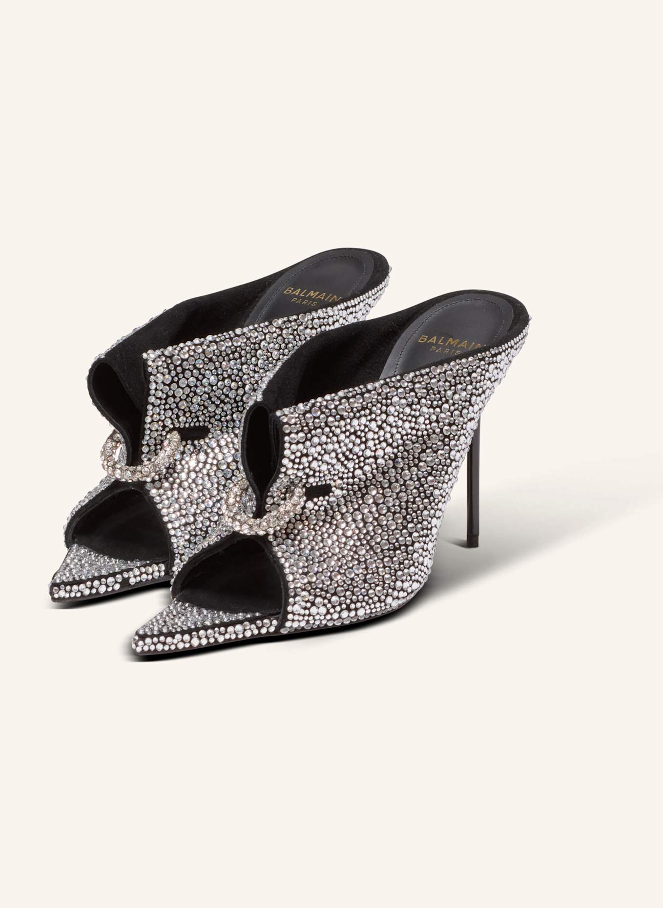 BALMAIN Pantoletten aus Strass und Wildleder mit Piercing vorne: SILBER