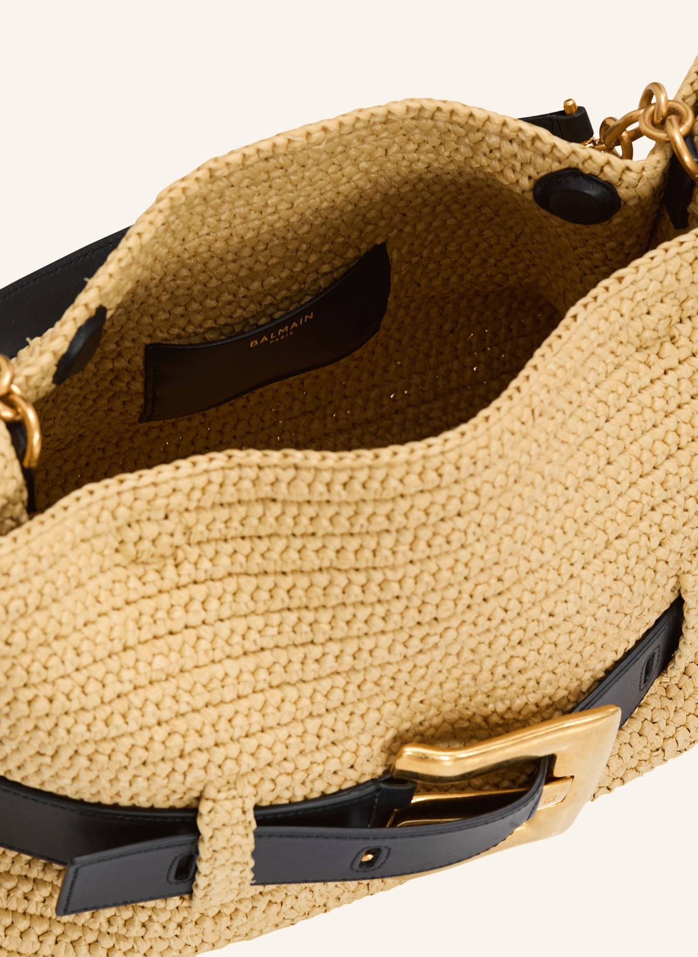 BALMAIN Mittelgroße Anthem Tasche aus gehäkeltem Stoff und Glattleder: KHAKI