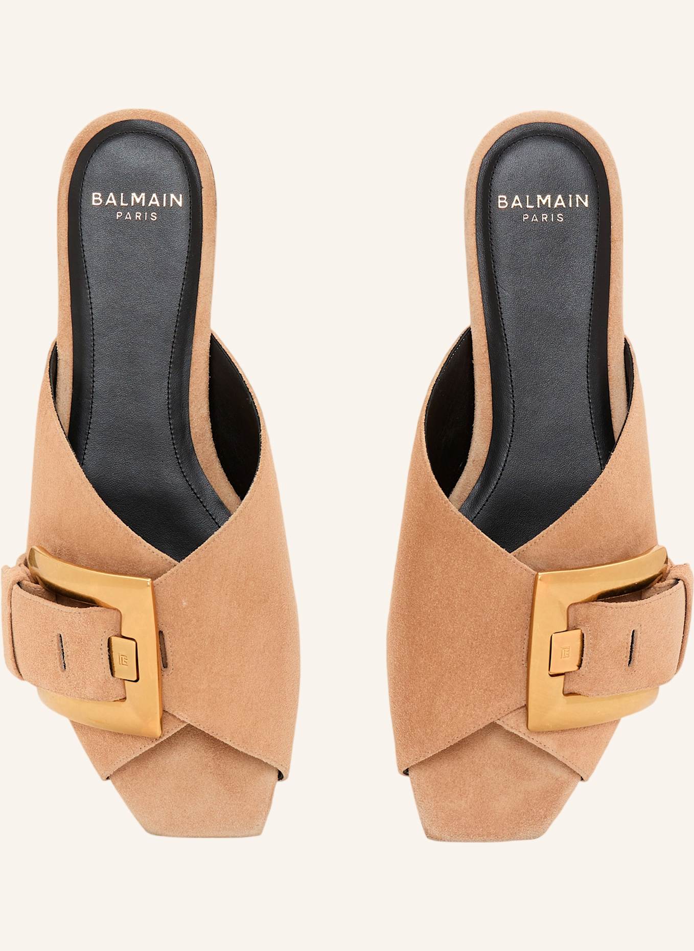 BALMAIN Flache Anthem Pantoletten aus Wildleder: KHAKI