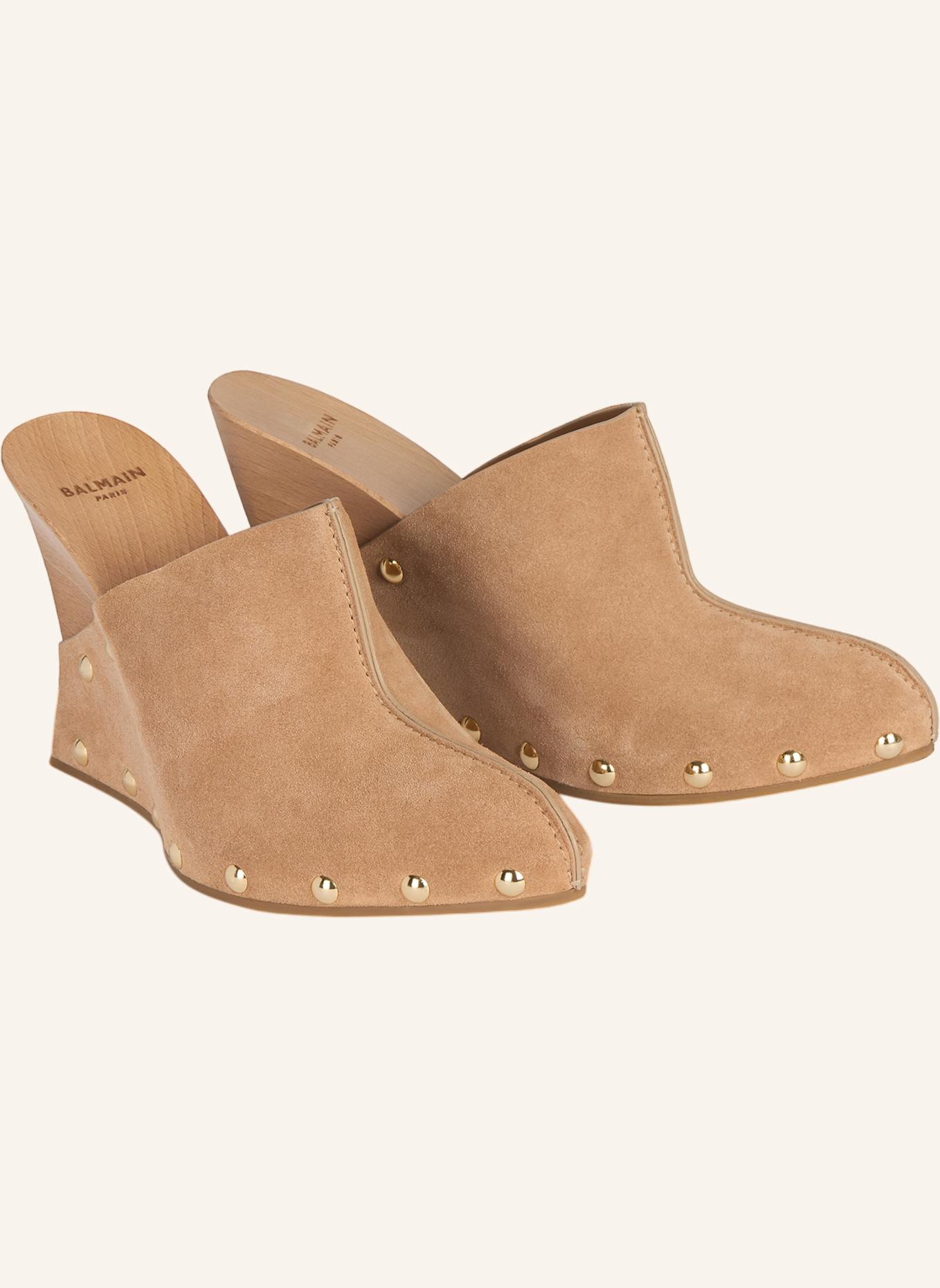 BALMAIN Wedge Clogs aus Holz und Wildleder: KHAKI