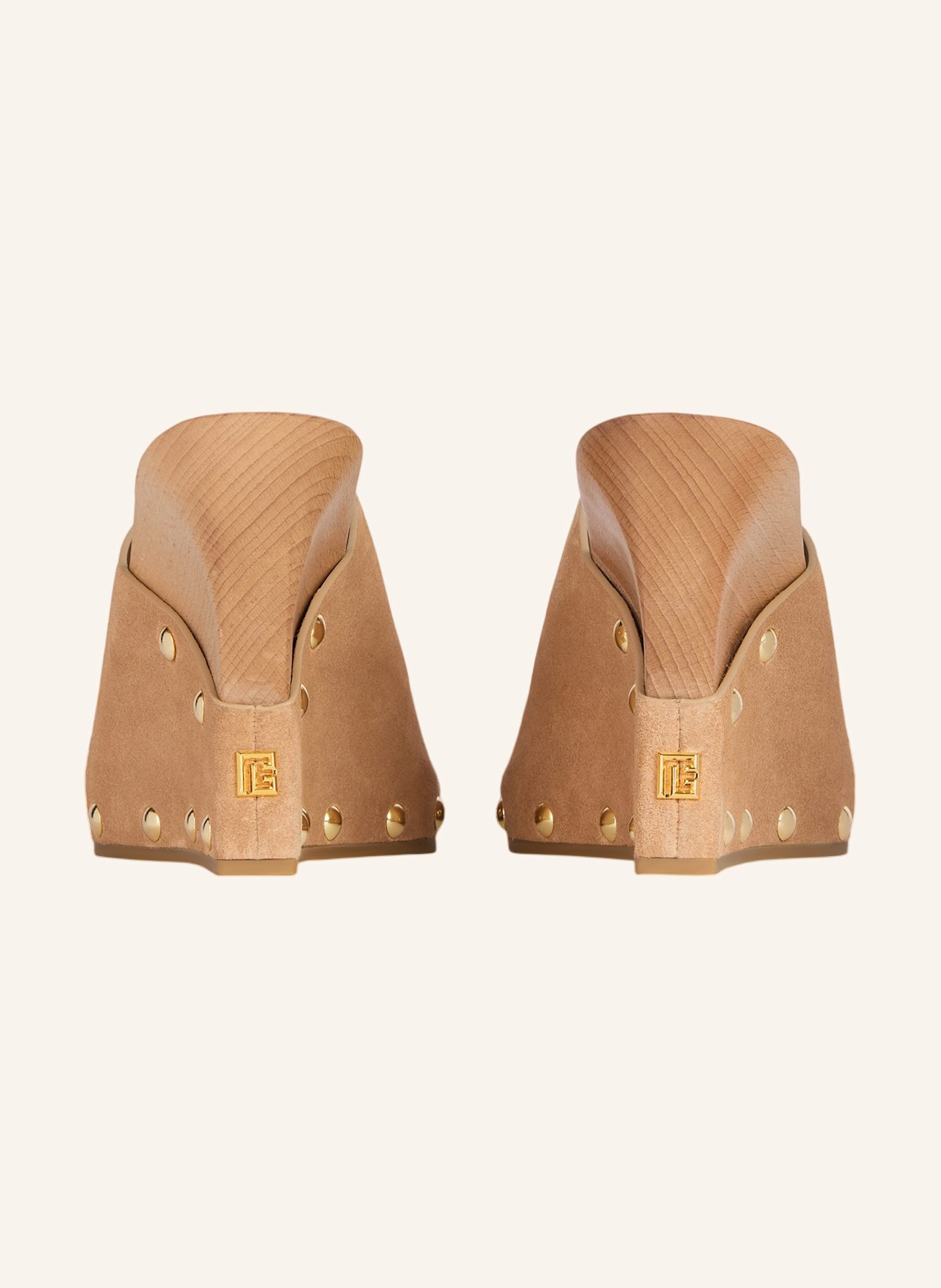 BALMAIN Wedge Clogs aus Holz und Wildleder: KHAKI