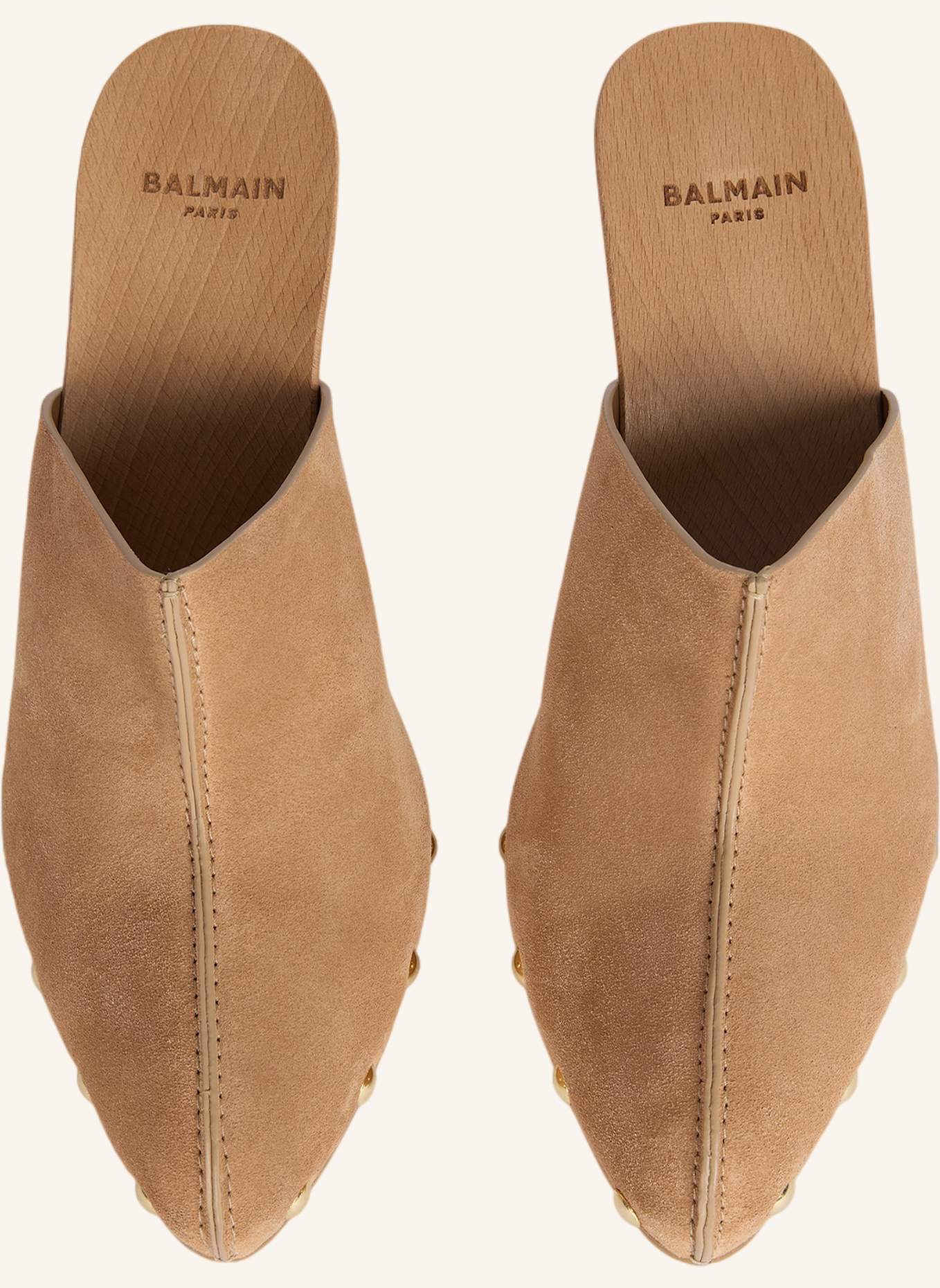 BALMAIN Wedge Clogs aus Holz und Wildleder: KHAKI