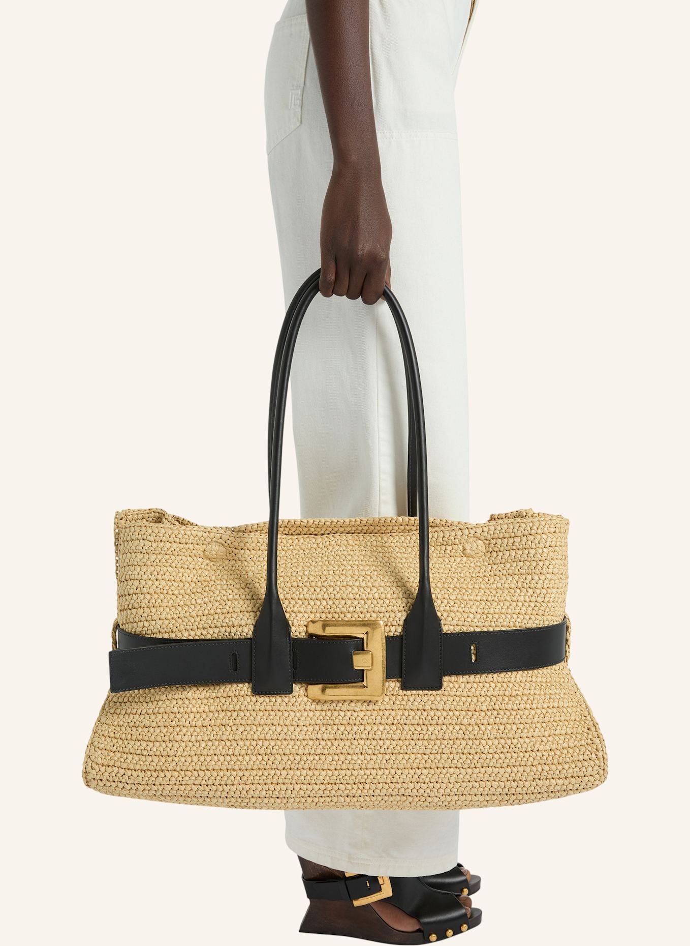 BALMAIN Große Anthem Tasche aus gehäkeltem Stoff und Glattleder: KHAKI