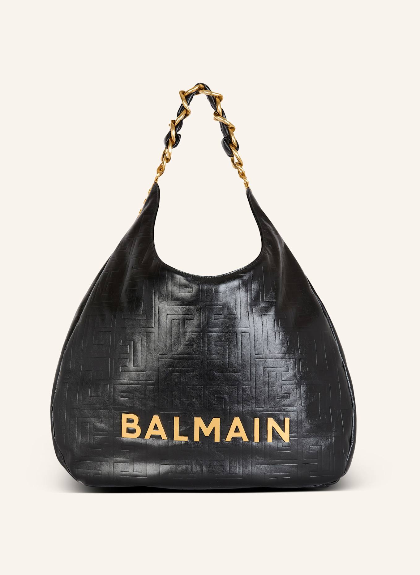 BALMAIN Große Tasche 1945 Soft Hobo aus geknittertem Kalbsleder mit PB Labyrinthe-Monogramm-Prägung: SCHWARZ