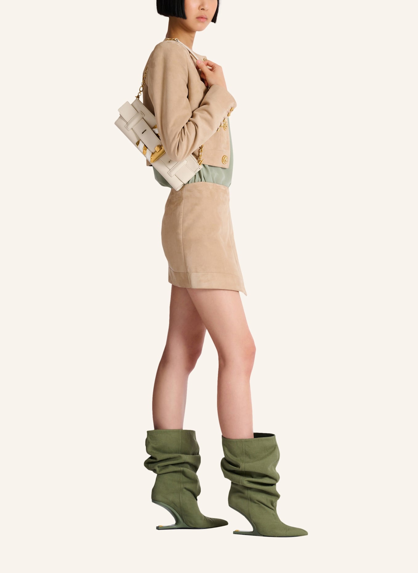 BALMAIN Pochette Anthem aus Lammleder und Emaille: KHAKI