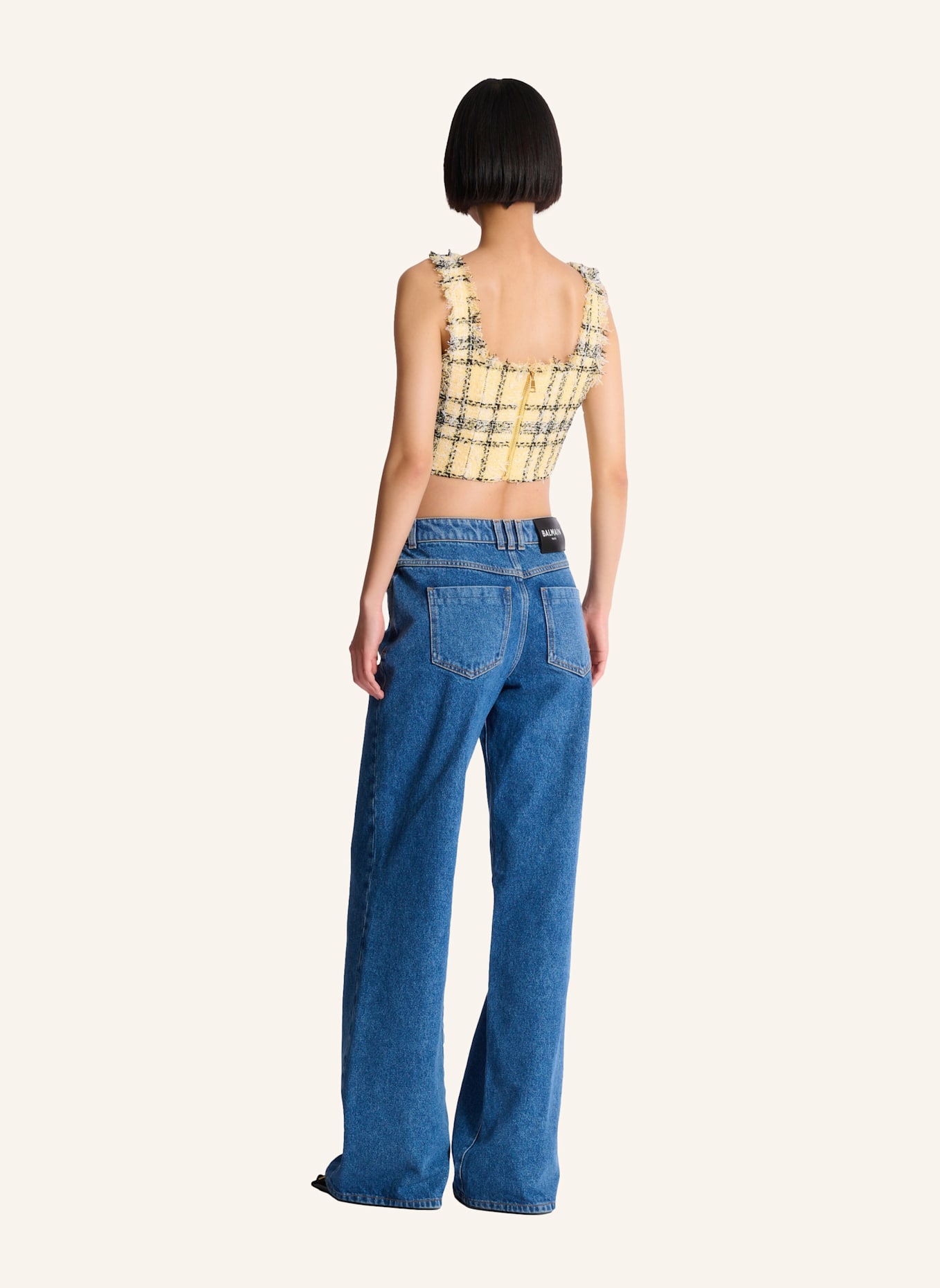 BALMAIN Kurzes Top aus Tweed mit Tartanmuster und Pailletten: GELB