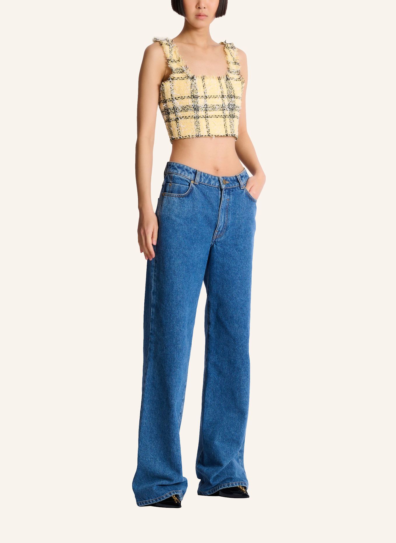 BALMAIN Kurzes Top aus Tweed mit Tartanmuster und Pailletten: GELB