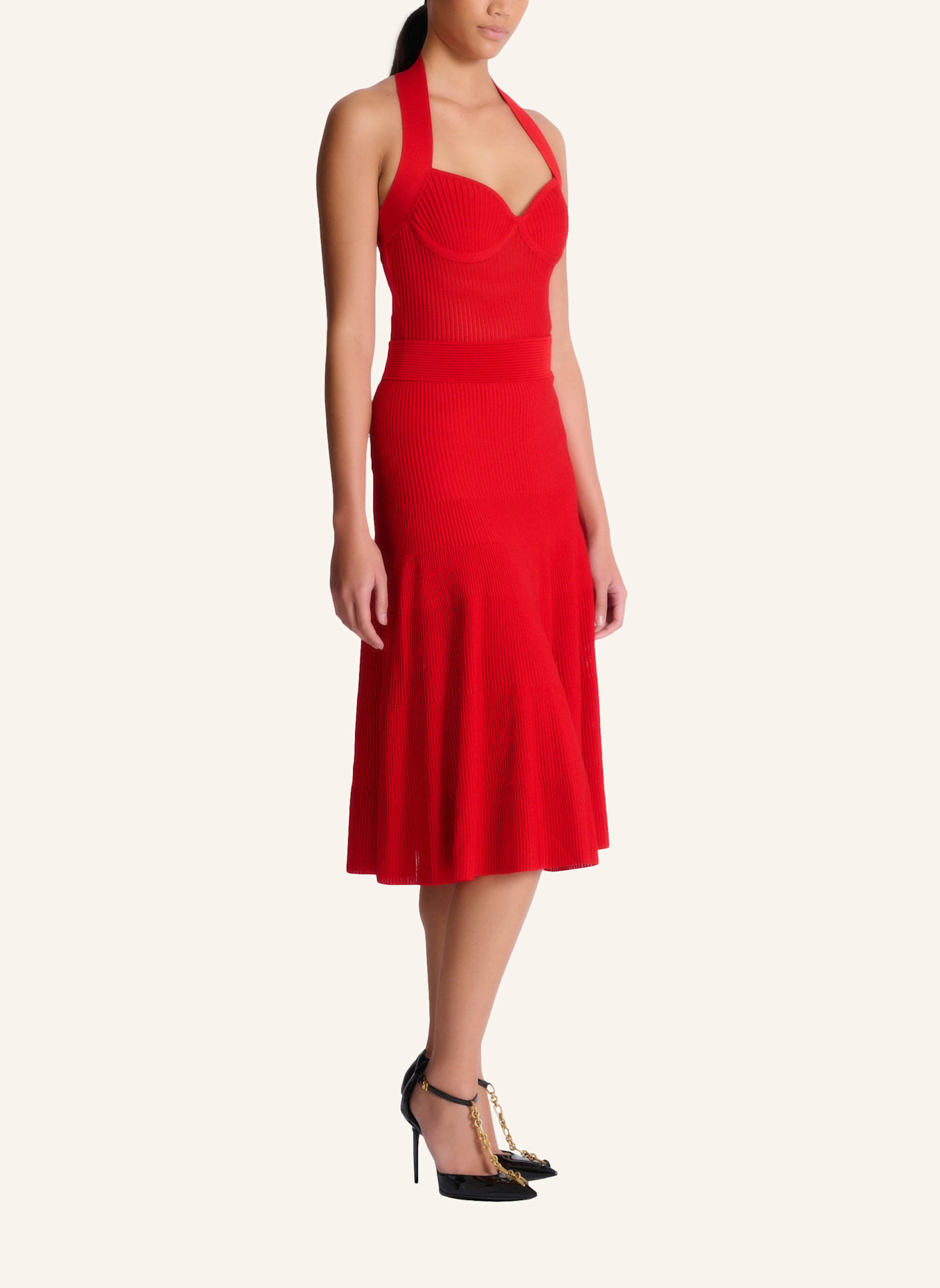BALMAIN Ärmelloses Midi-Faltenkleid: ROT