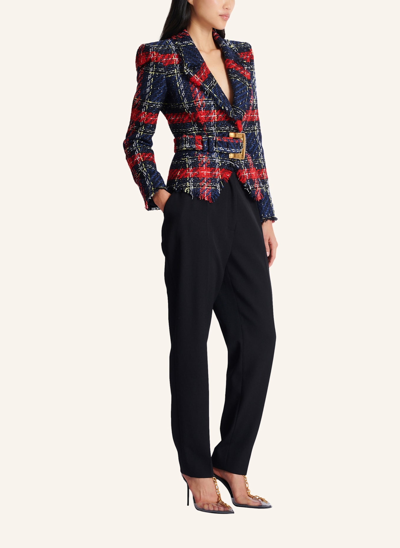 BALMAIN Jacke mit Gürtel aus Tweed mit Tartanmuster: ROT