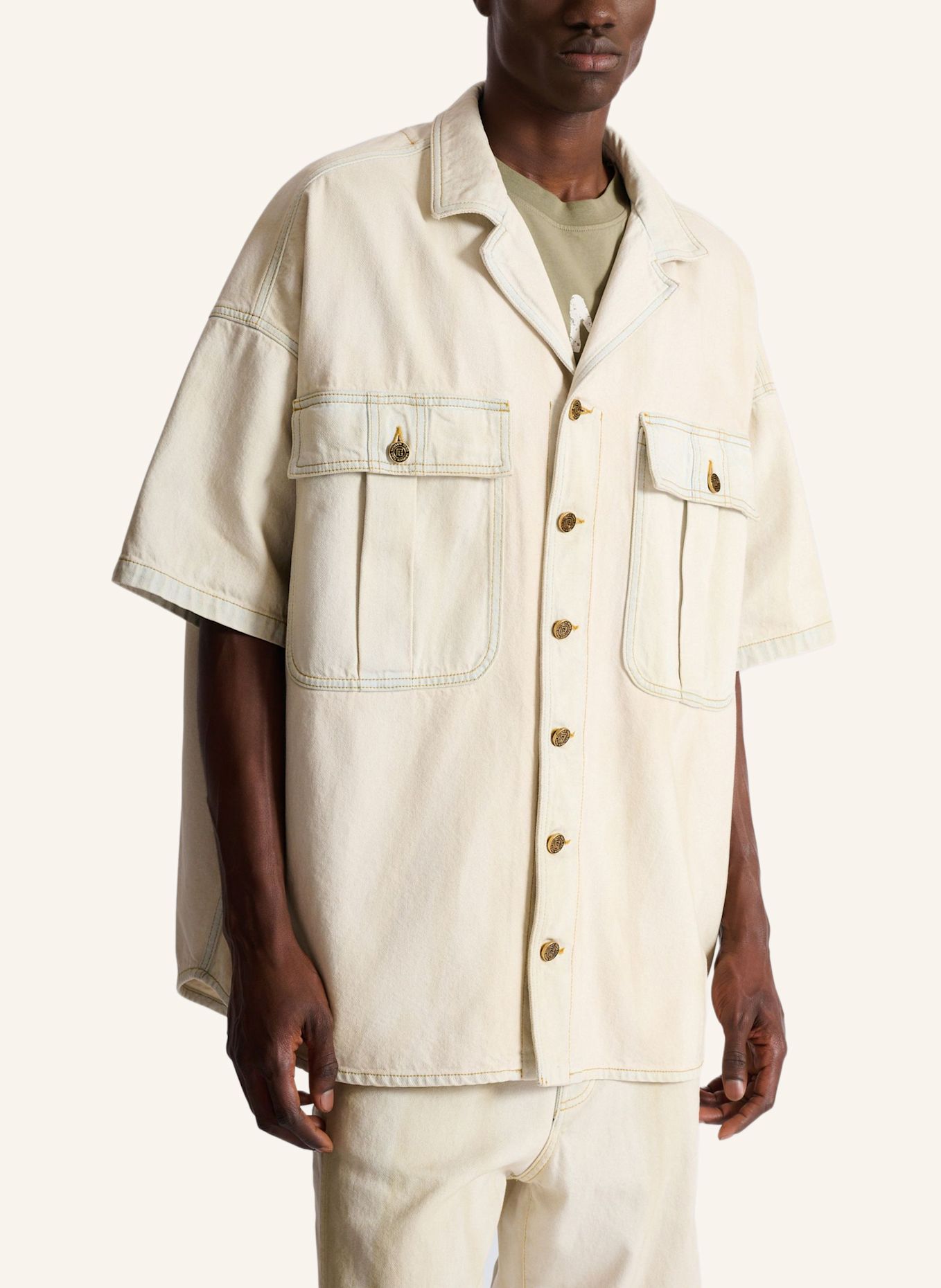 BALMAIN Overshirt aus verwaschenem Denim: KHAKI